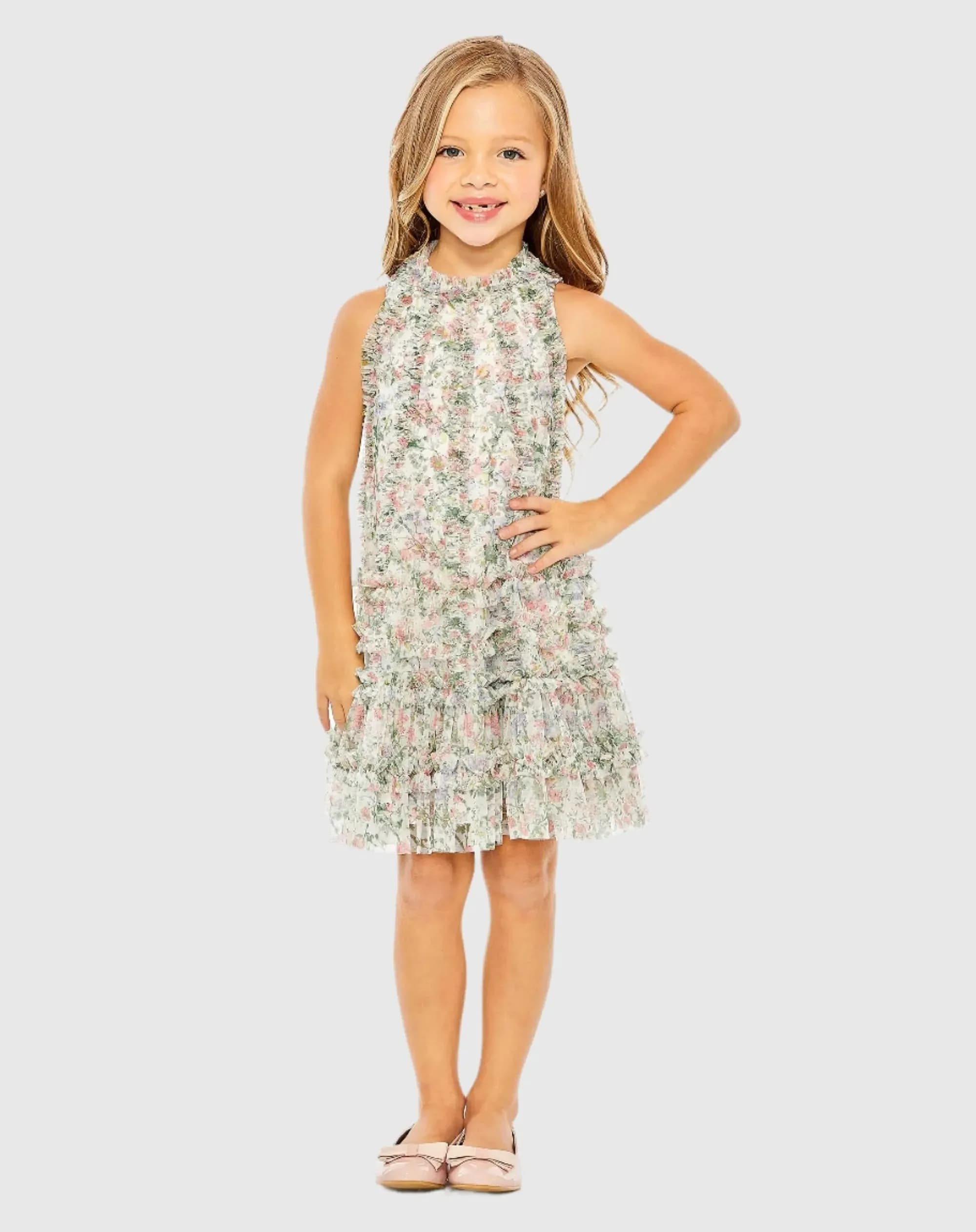 Girls Floral Printed Ruffle Mini Dress