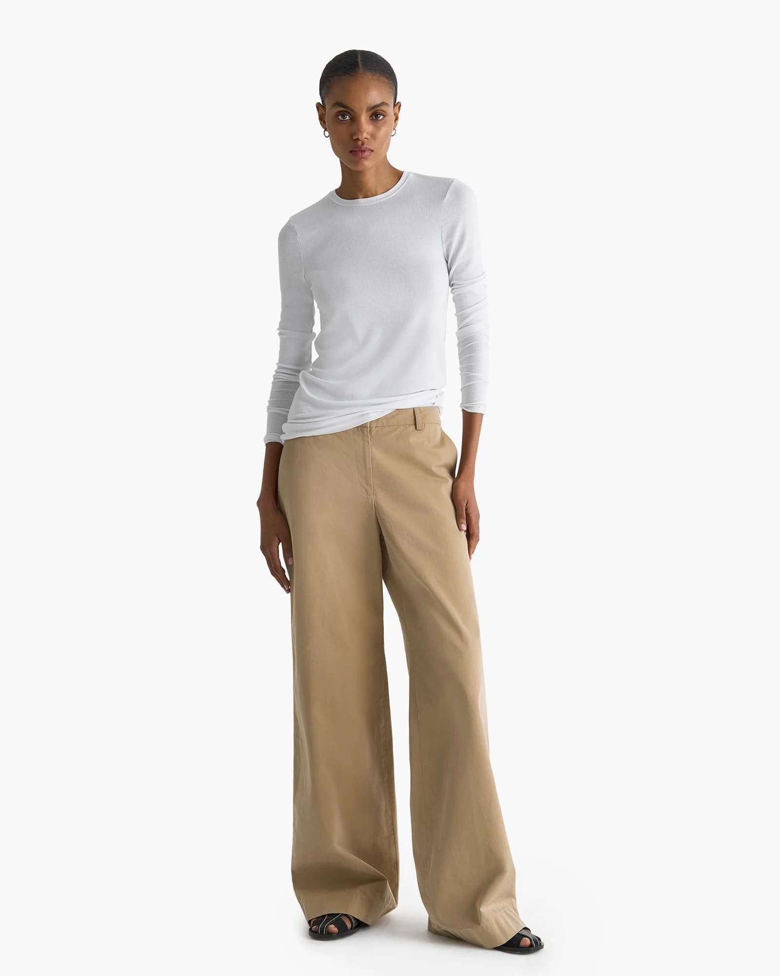 Cotton Twill Wide Leg Pant - Khaki