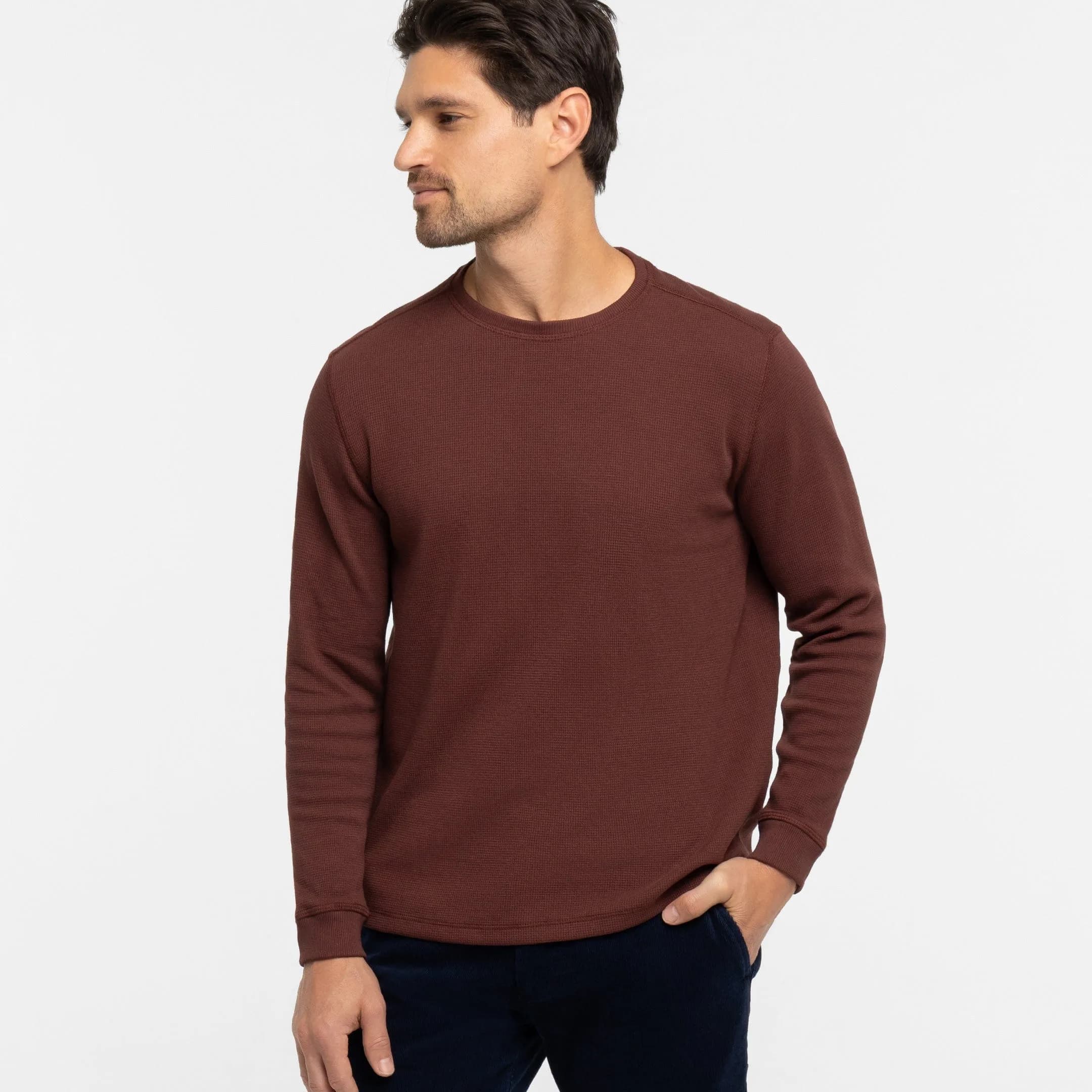Burgundy Waffle Long Sleeve Crew Neck Tee