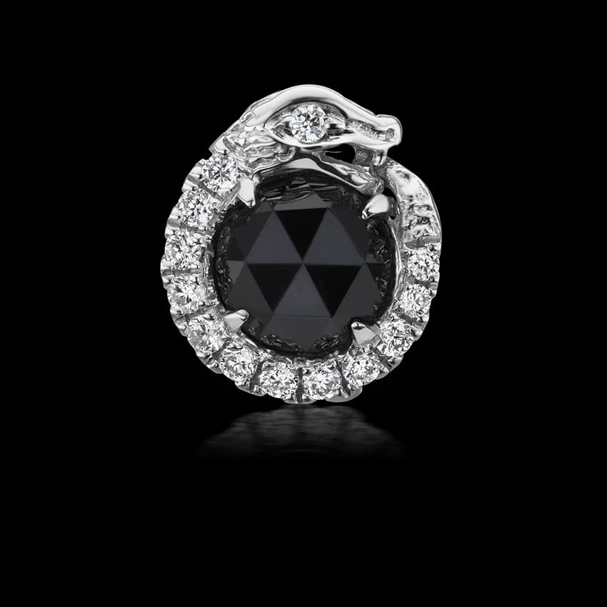 Black and White Diamond Pavé Ouroboros Threaded Stud Earring With Titanium Backing