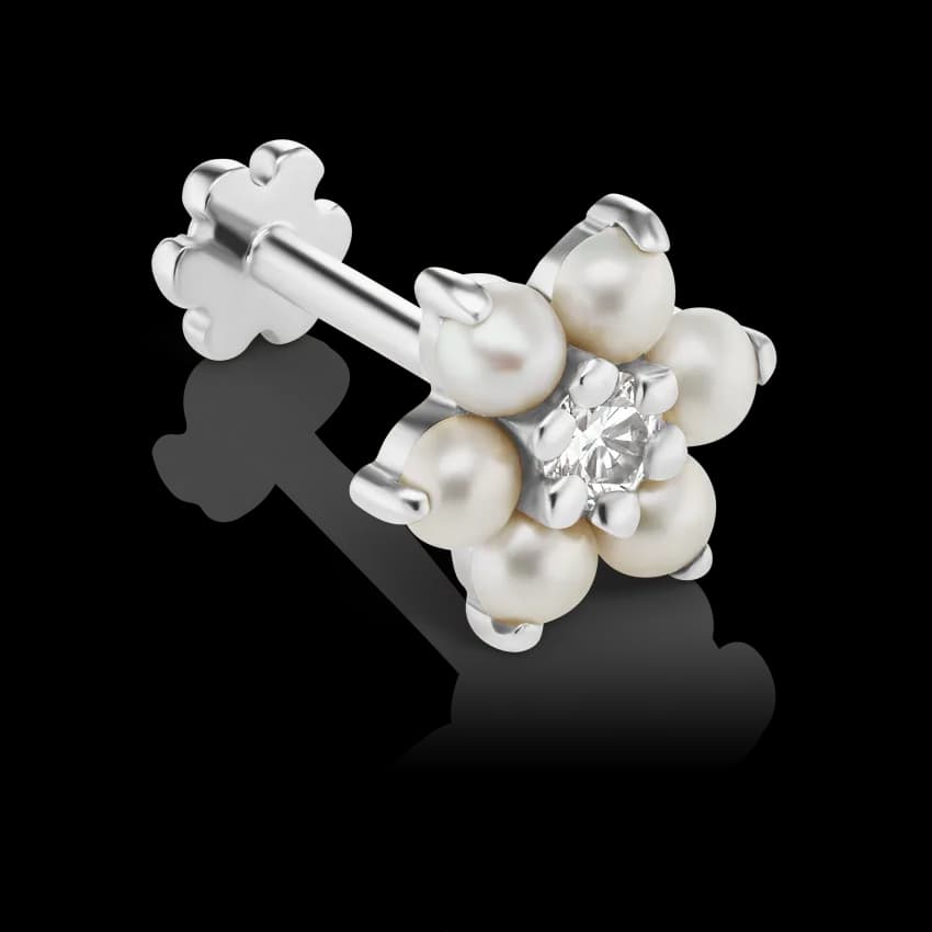 Pearl Flower with Diamond Center Threaded Stud Earring With Titanium Backing