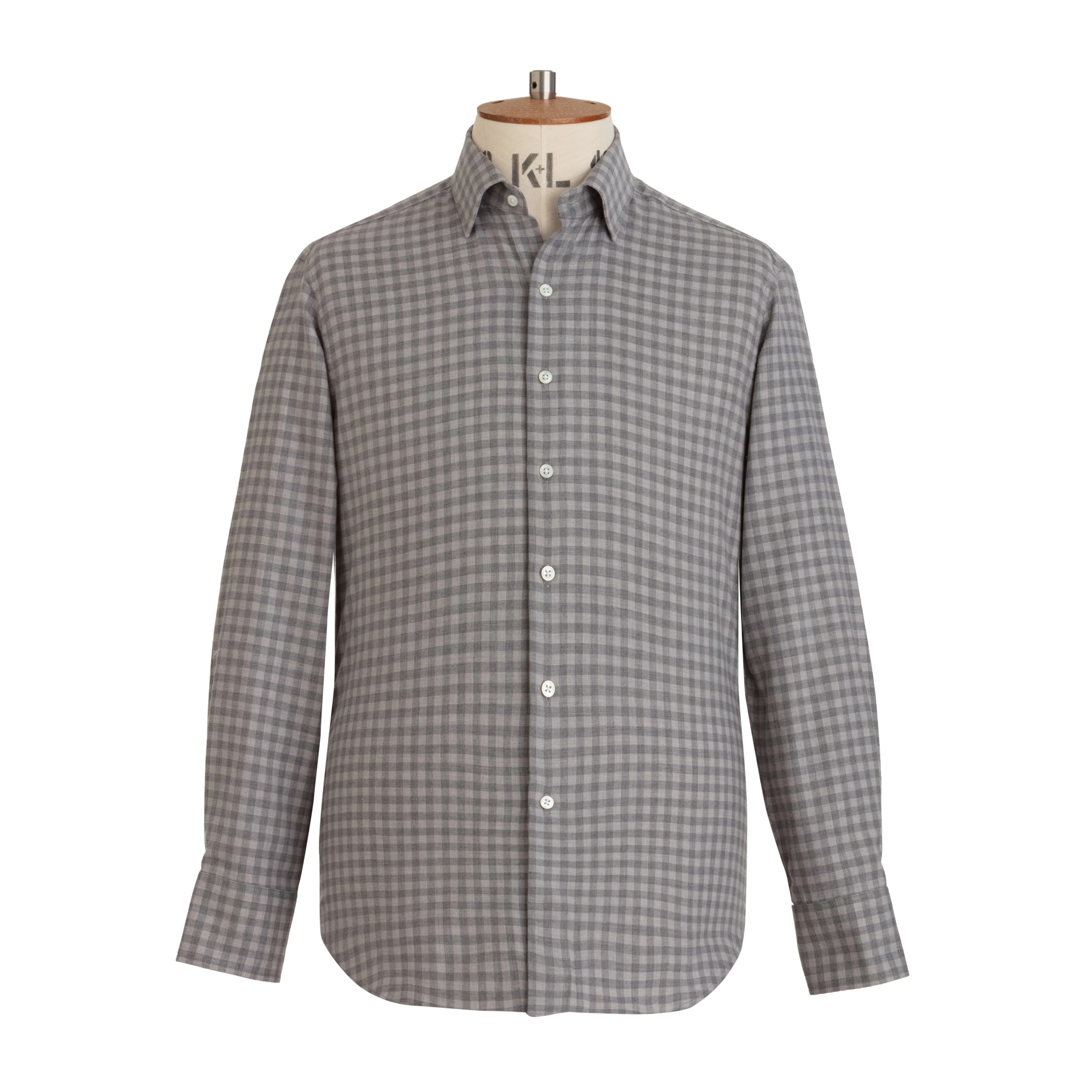 Pale Grey Gingham Wool Cotton Blend Shirt