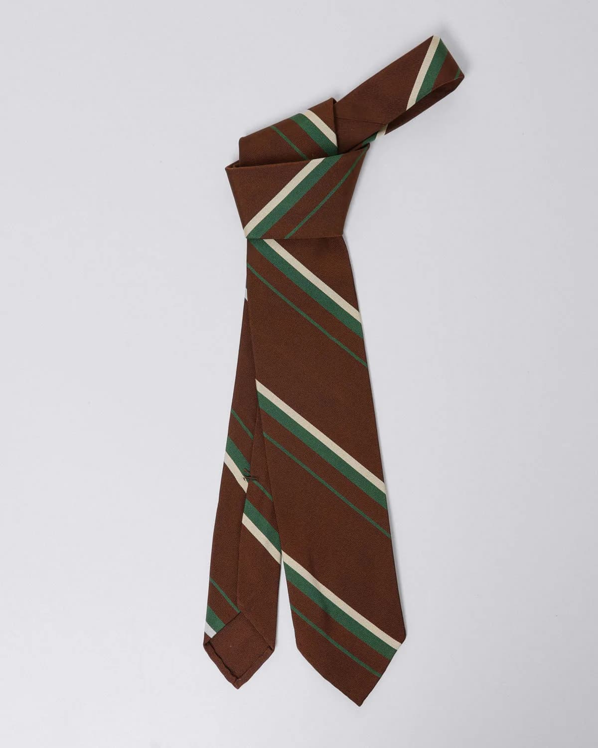 Anversa Regimental Silk and Cotton Tie, Brown Stripes White and Green