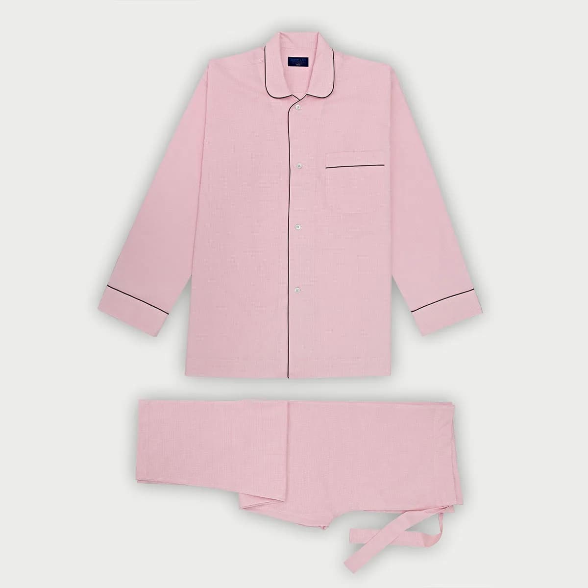 Pink Small Gingham Check Cotton Pyjamas with Navy Piping
