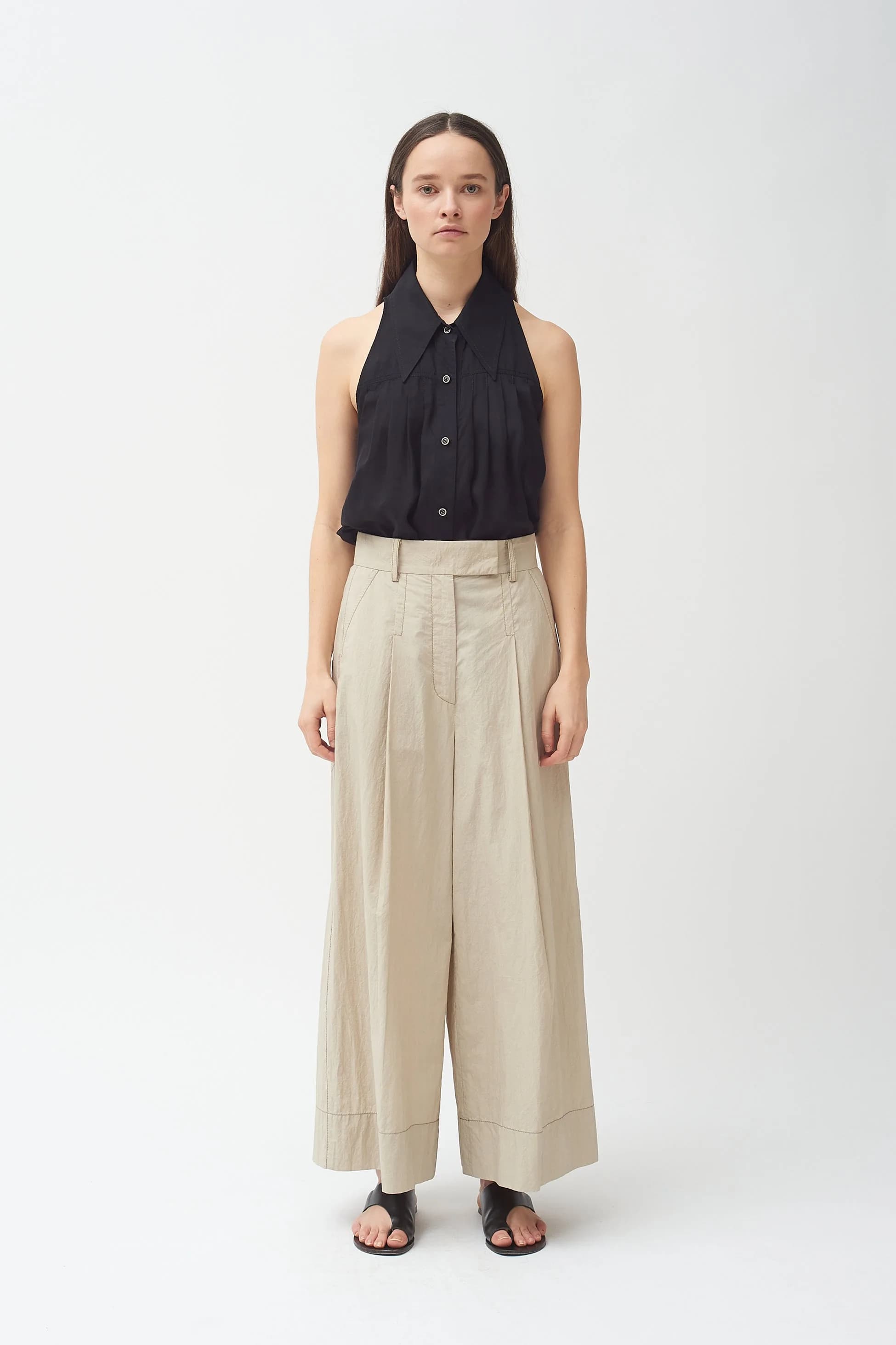 Wide Leg Pant - Khaki Cotton Poplin