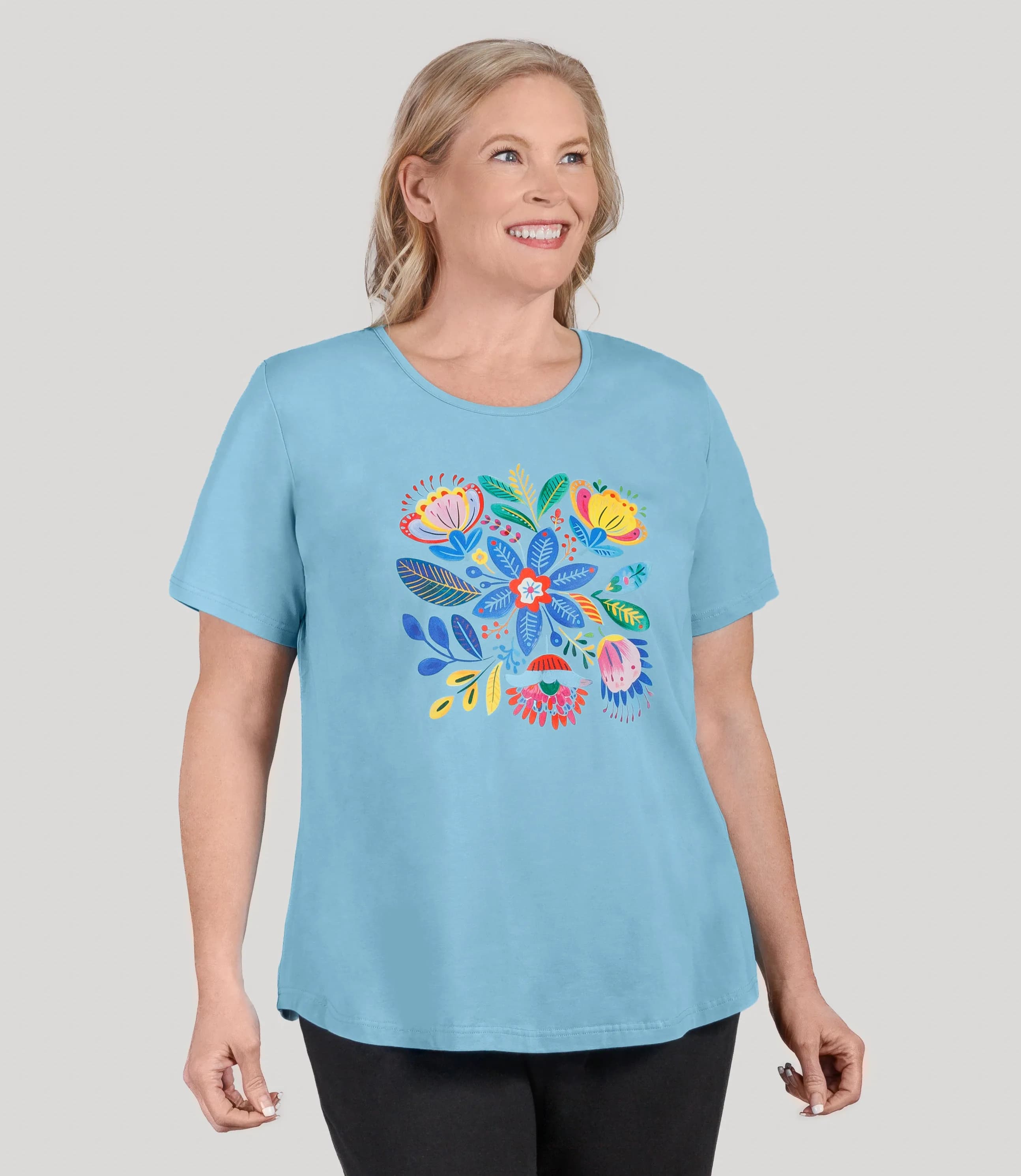 Designer Graphic Scoop Neck Top Bright Blossoms