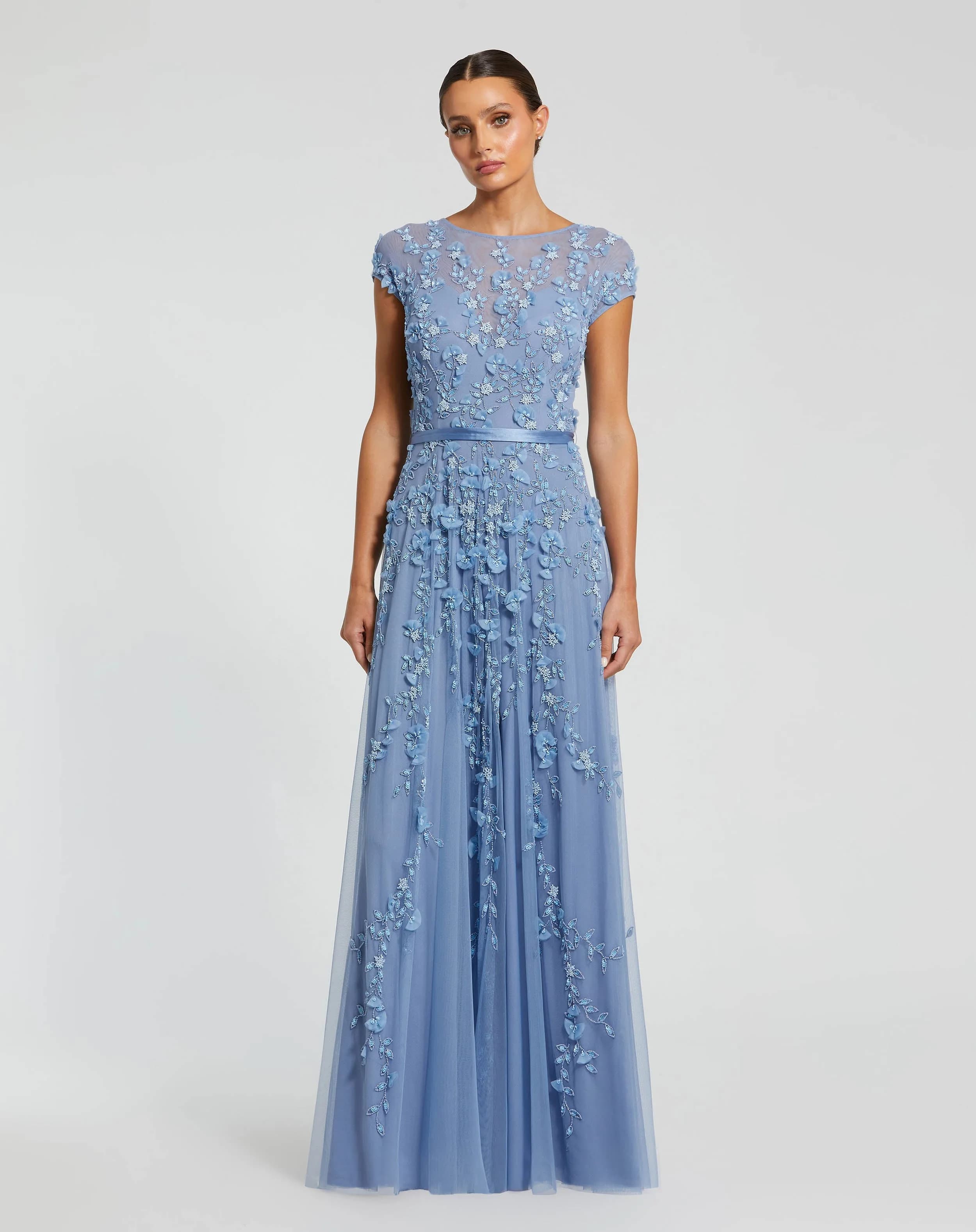 Blue Floral Embellished Cap Sleeve Gown