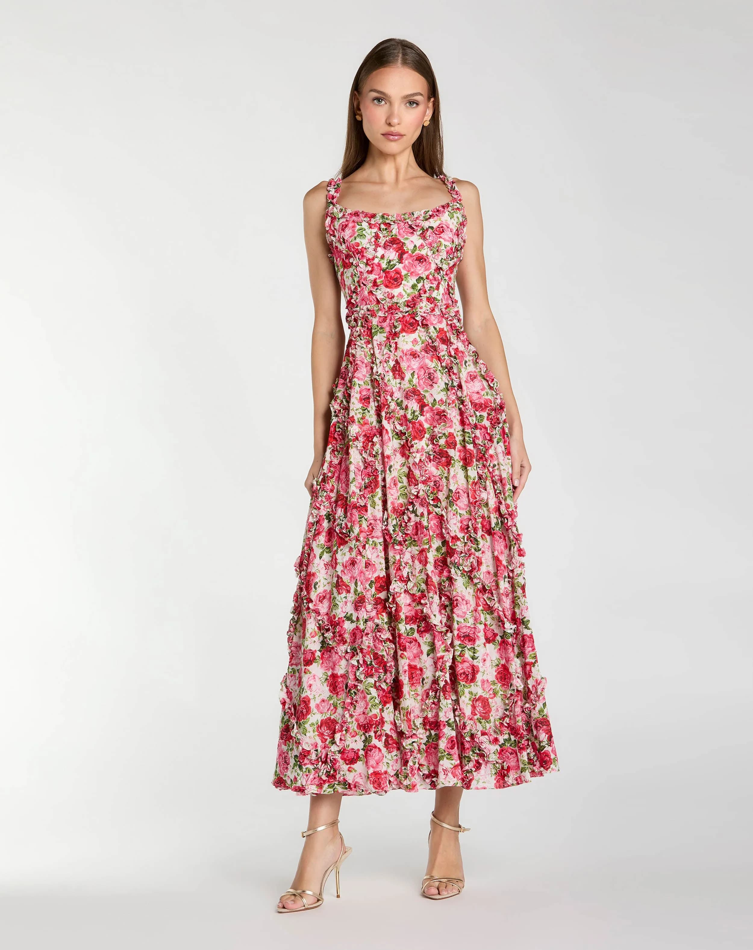 Petite Pink Ruffle Scoop Neck Floral A-Line Dress