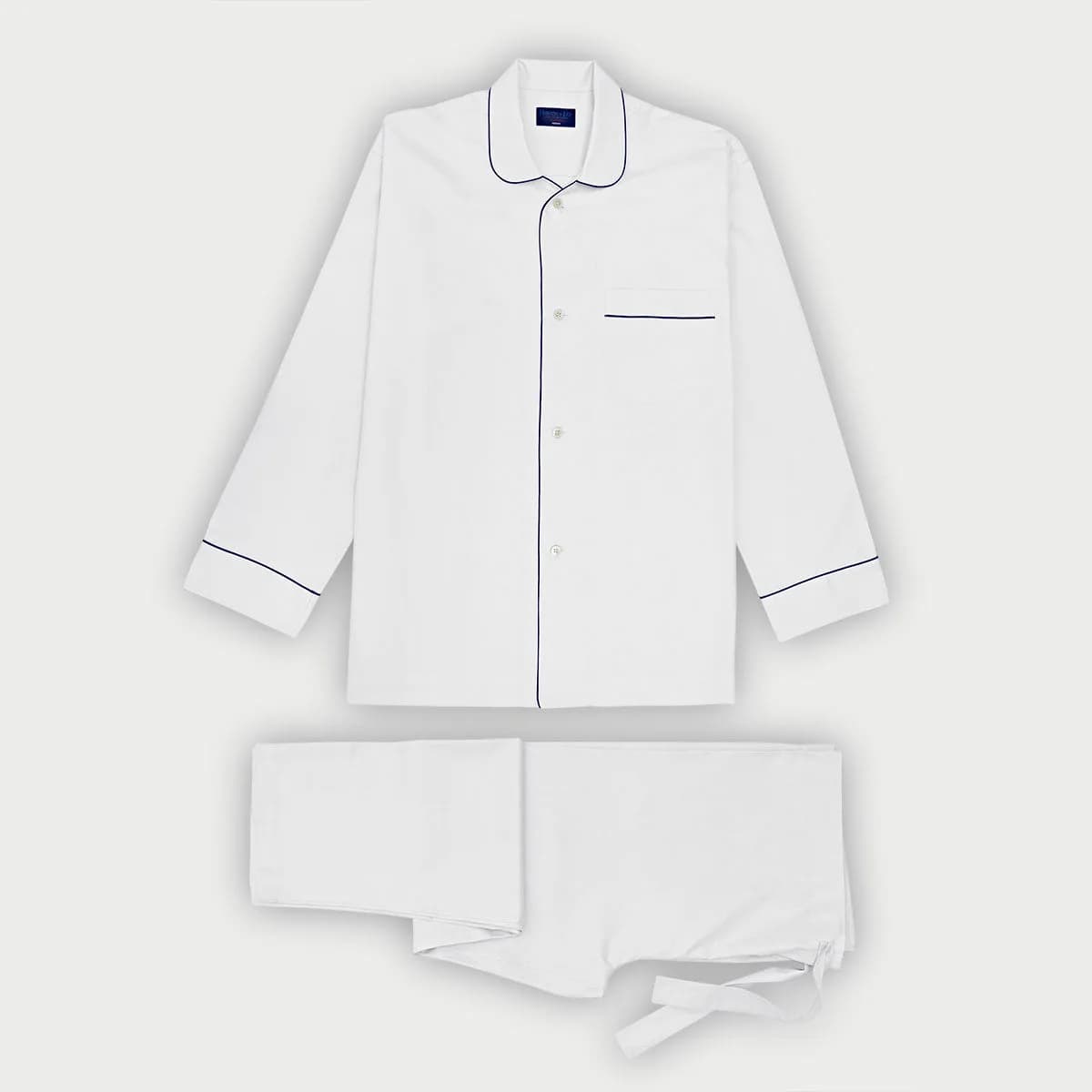 White Herringbone Cotton Pyjamas with Navy Piping