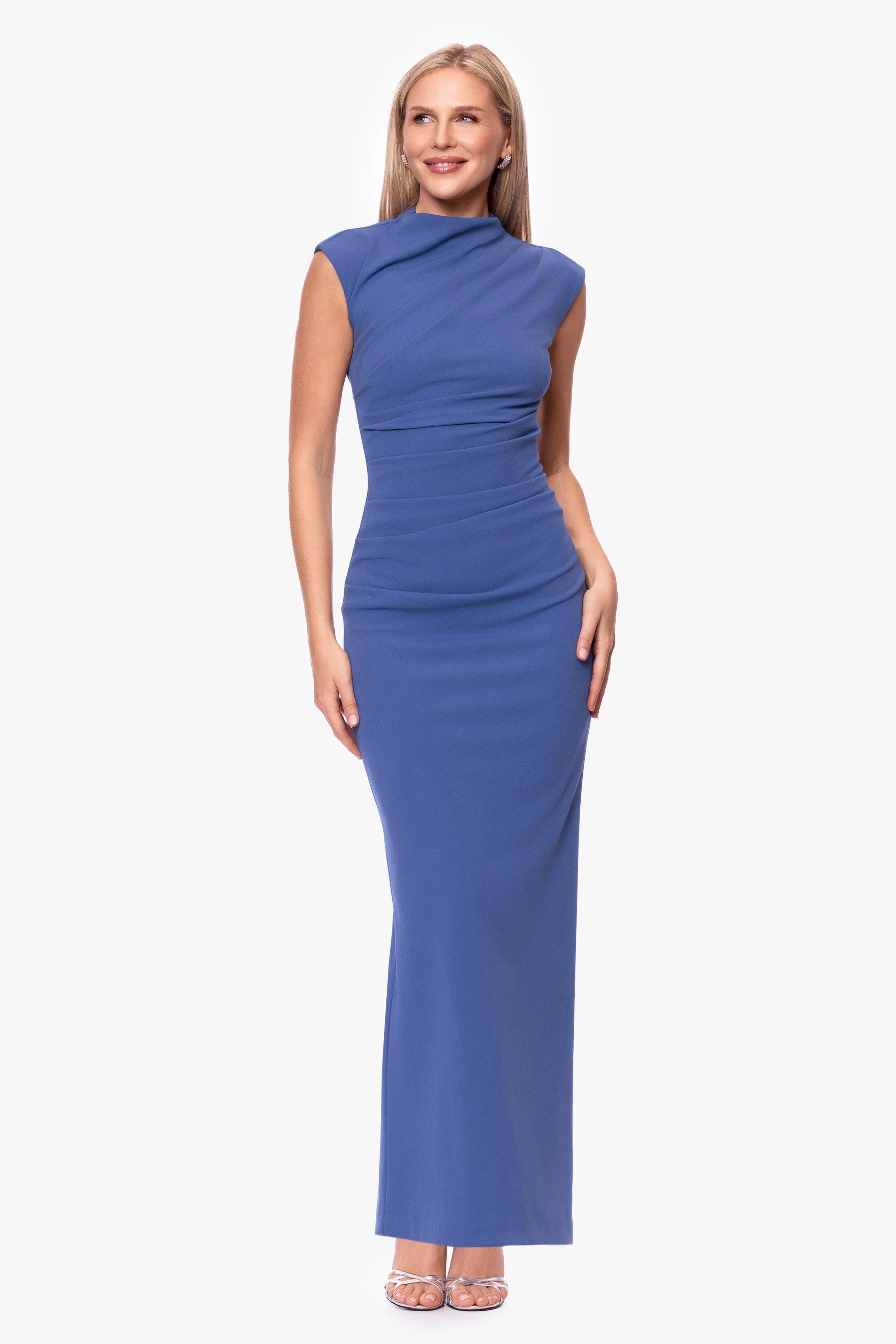 Petite "katalina" Scuba Crepe Cap Sleeve Mock Neck Floor Length Dress