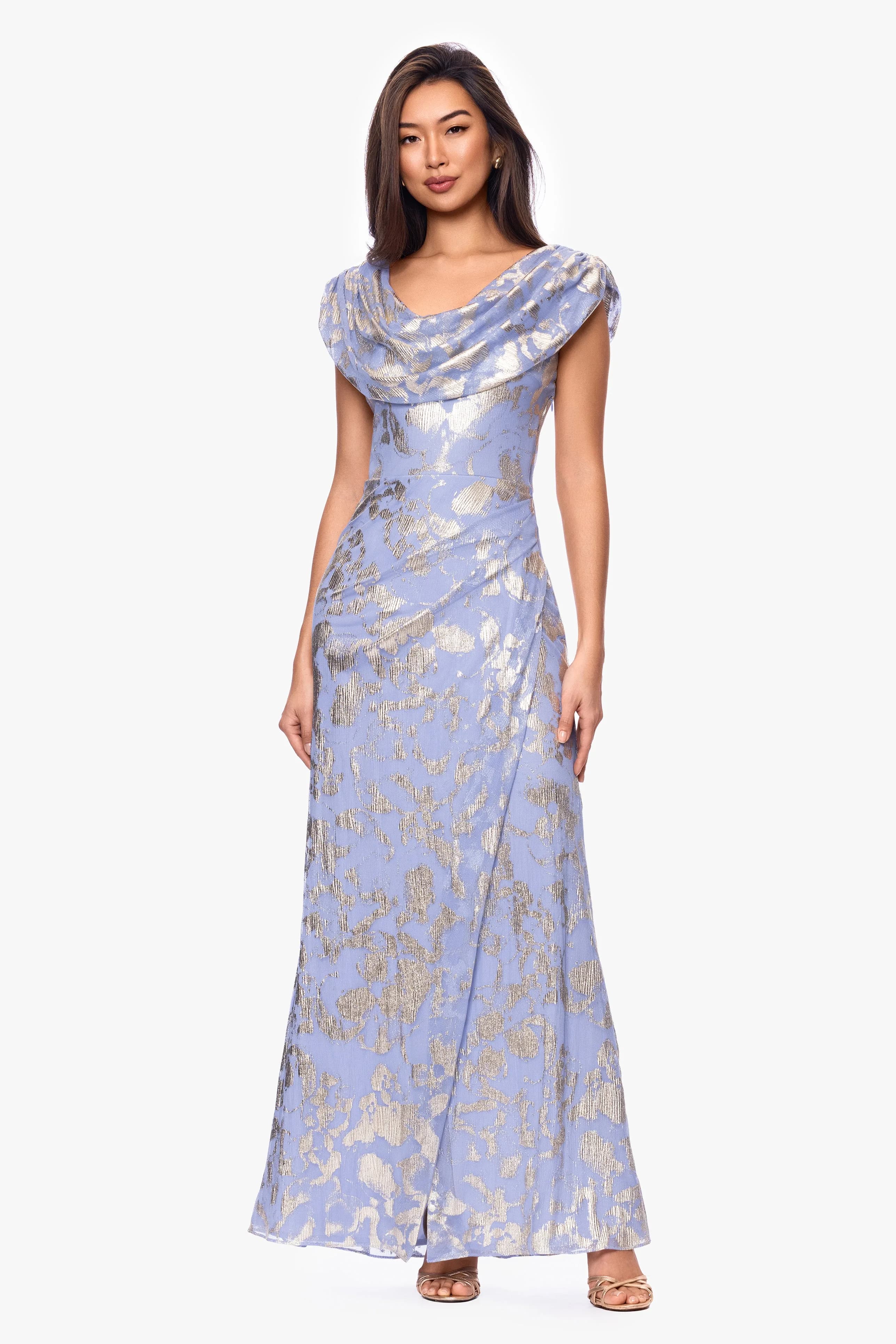 "bianca" Metallic Cowl Neck Floor Length Dress