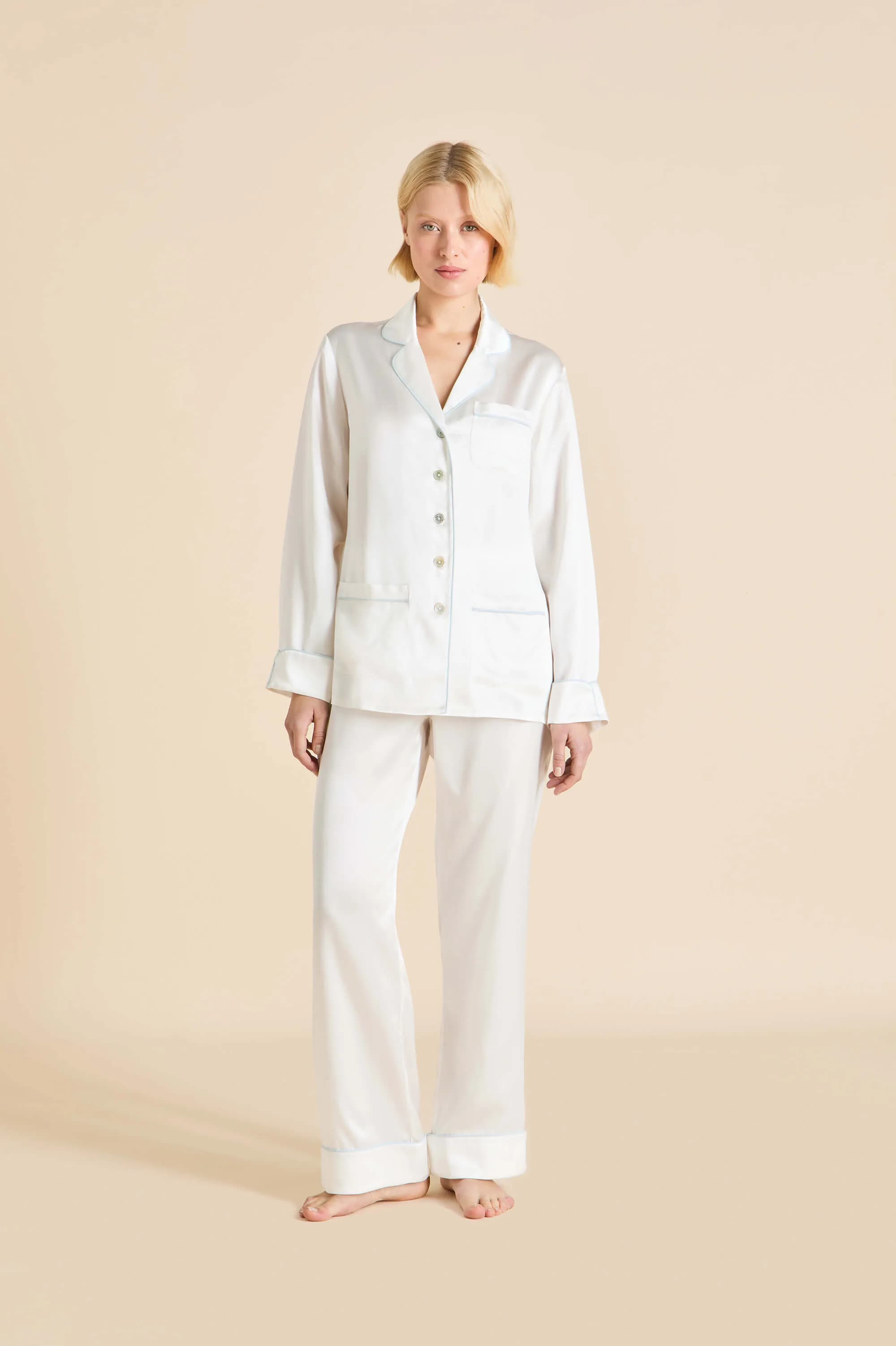 Coco Ivory Powder Blue Pyjamas in Silk Satin