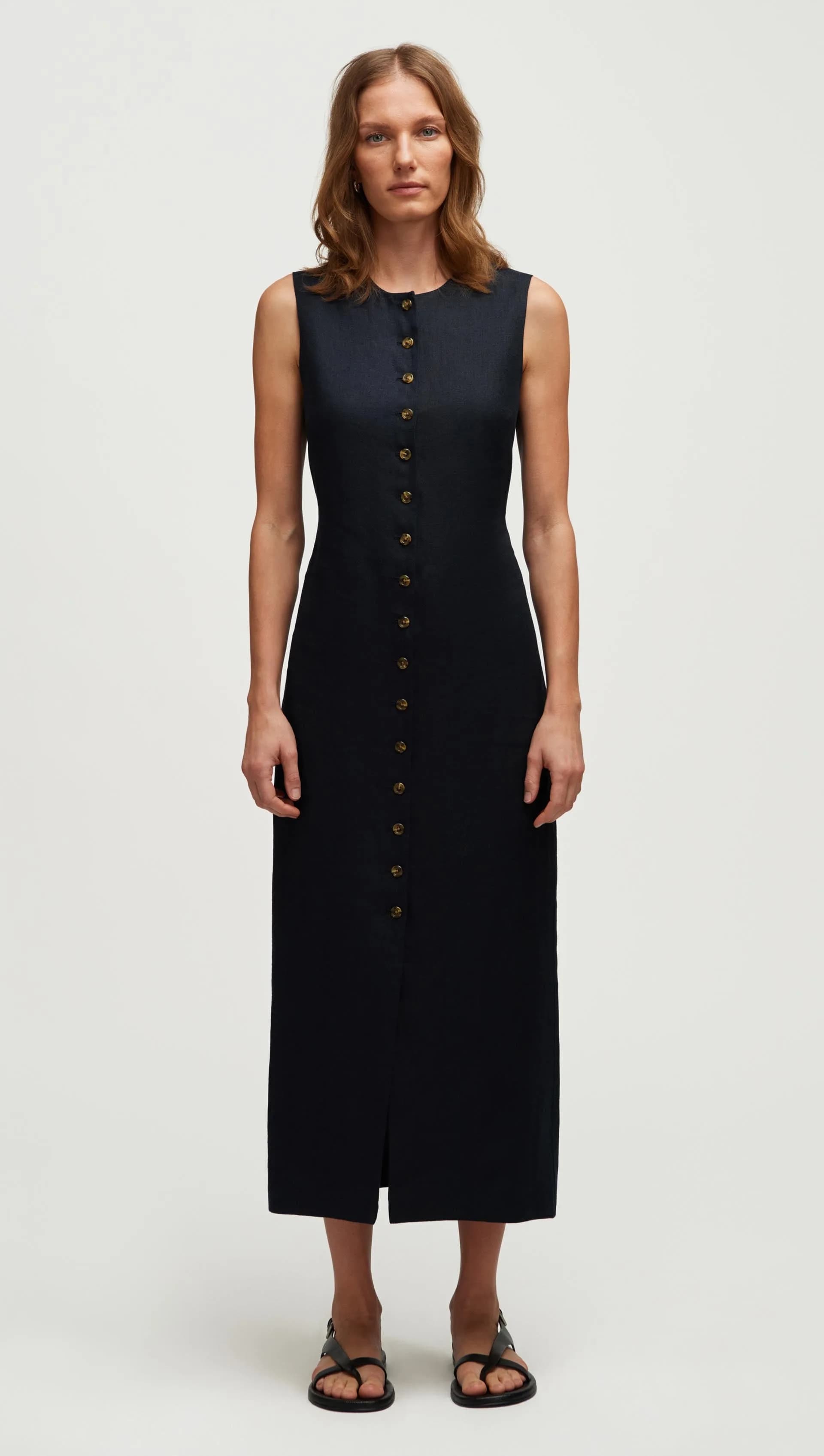 Button Dress in Basket Weave Linen | Midnight