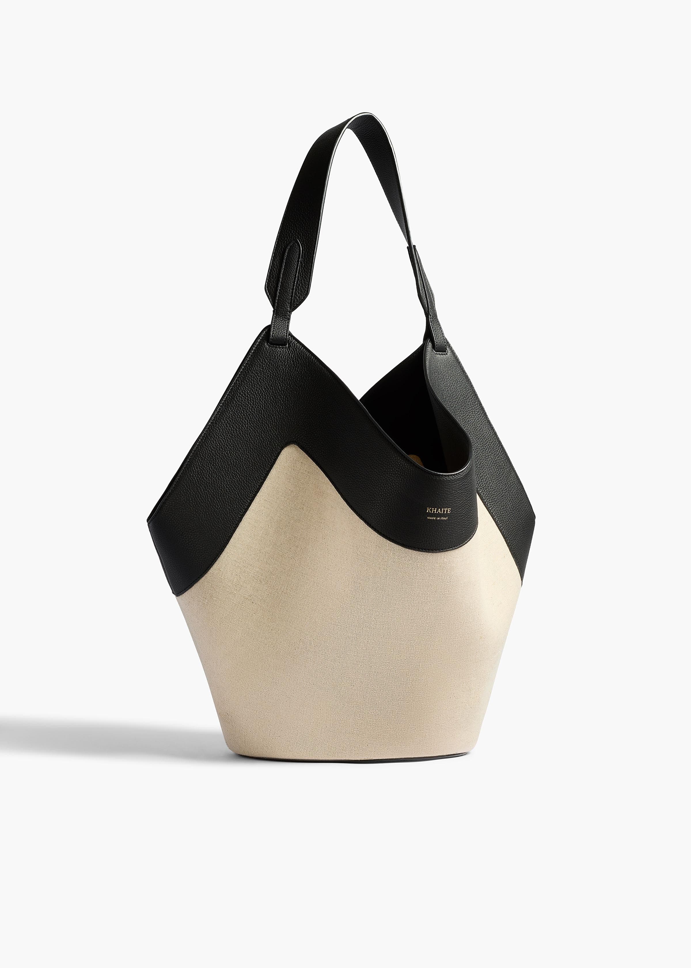Medium Lotus Tote in Black Leather and Natural Canvas