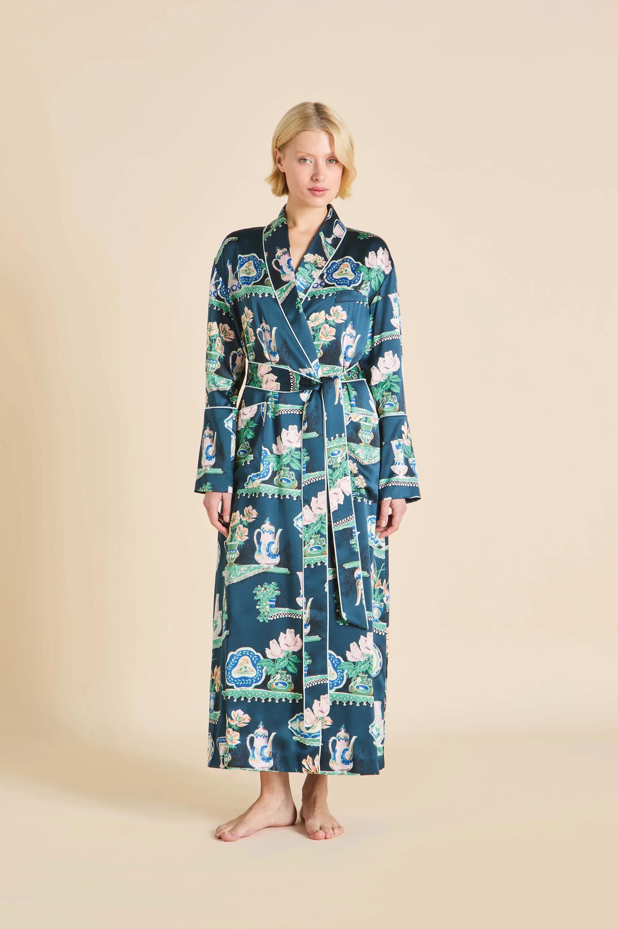 Capability Giotto Blue Plate Robe in Silk Satin