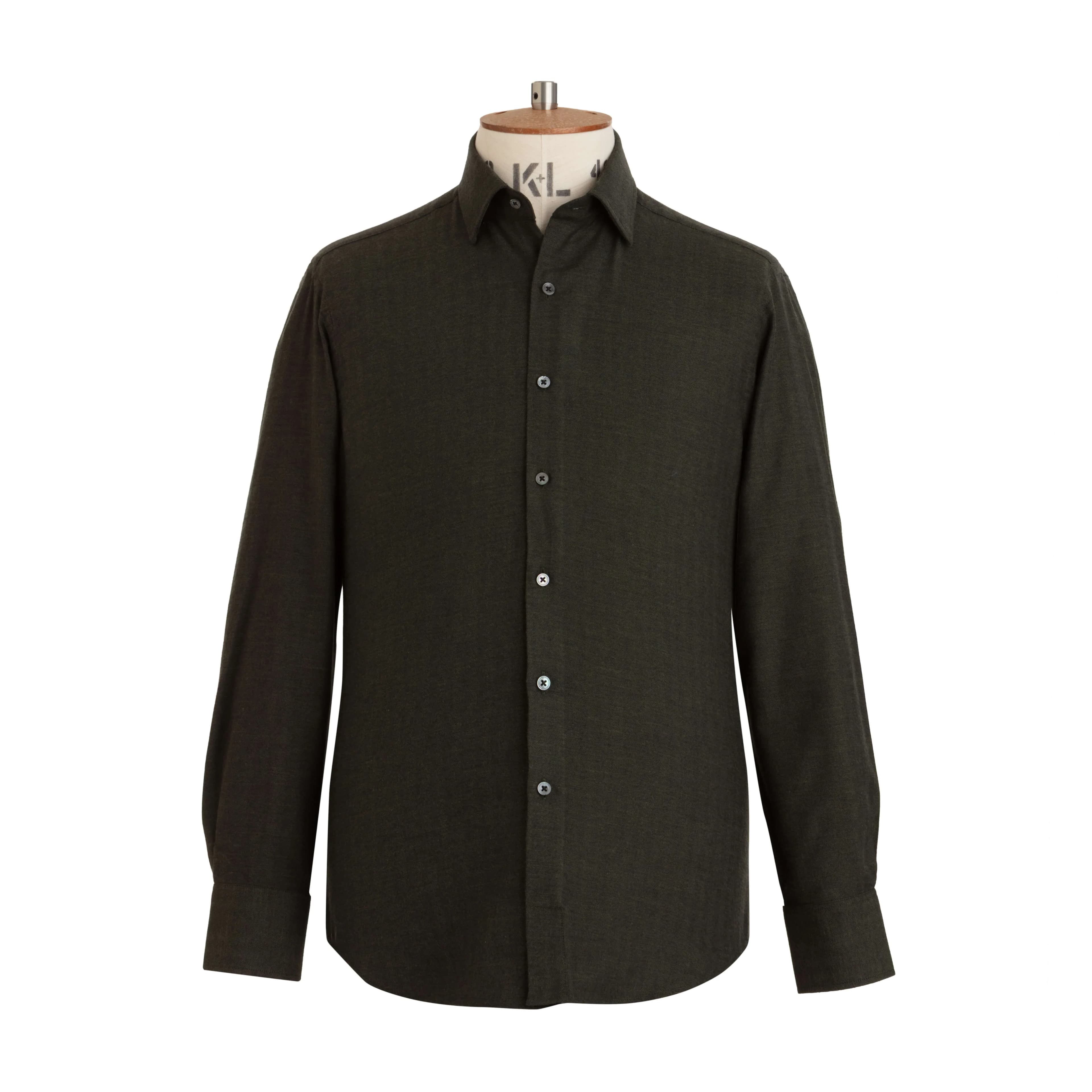 Khaki Herringbone Wool Cotton Blend Shirt
