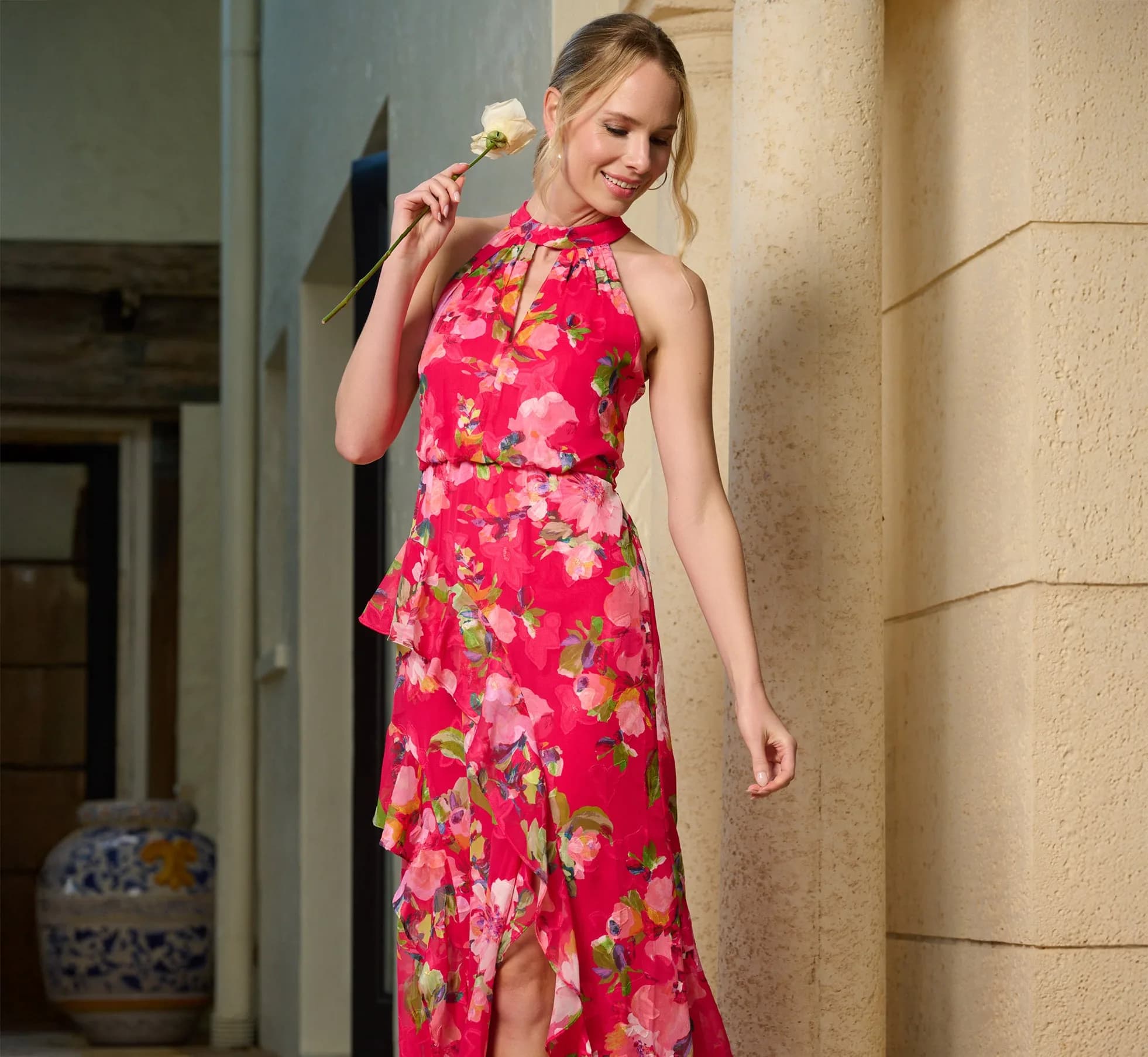 Floral Chiffon Keyhole Halter Maxi Dress