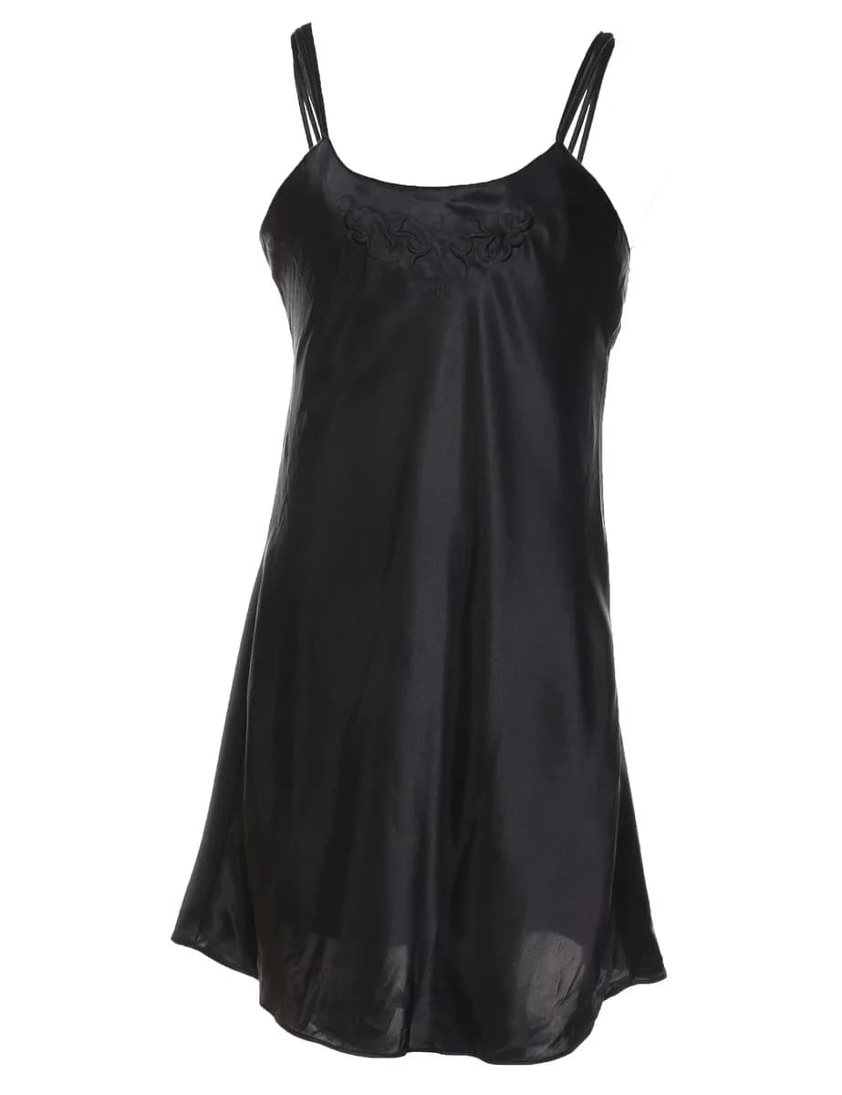 1990s Vintage Classic Black Silky Embroidered Slip Dress