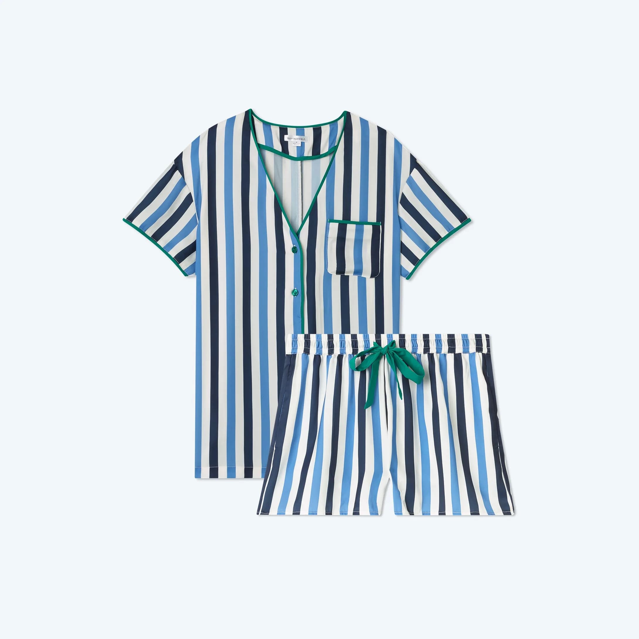 The Cloud 9 Silky Pajama Shorts Set - Classic Stripe in Deep Sea & Indigo