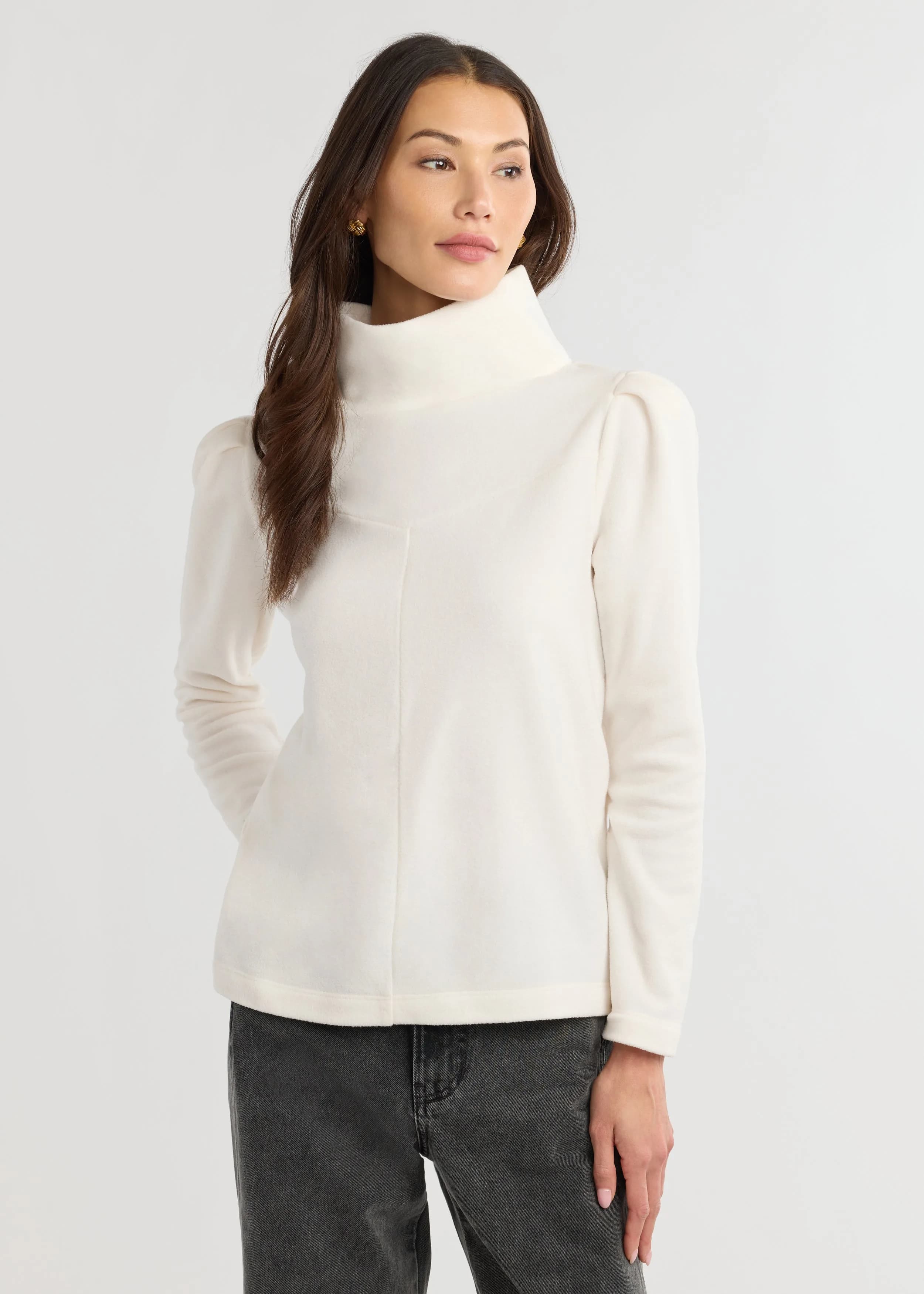Puff Sleeve Turtleneck in Vello Fleece (Cream)