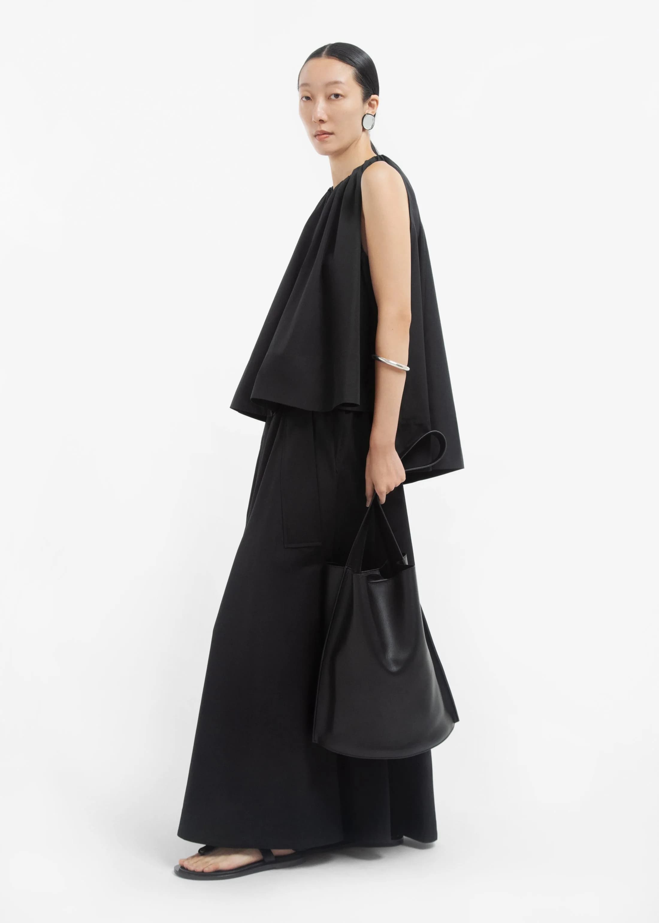 Gathered Tunic Shirt in Cotton Sateen - Black