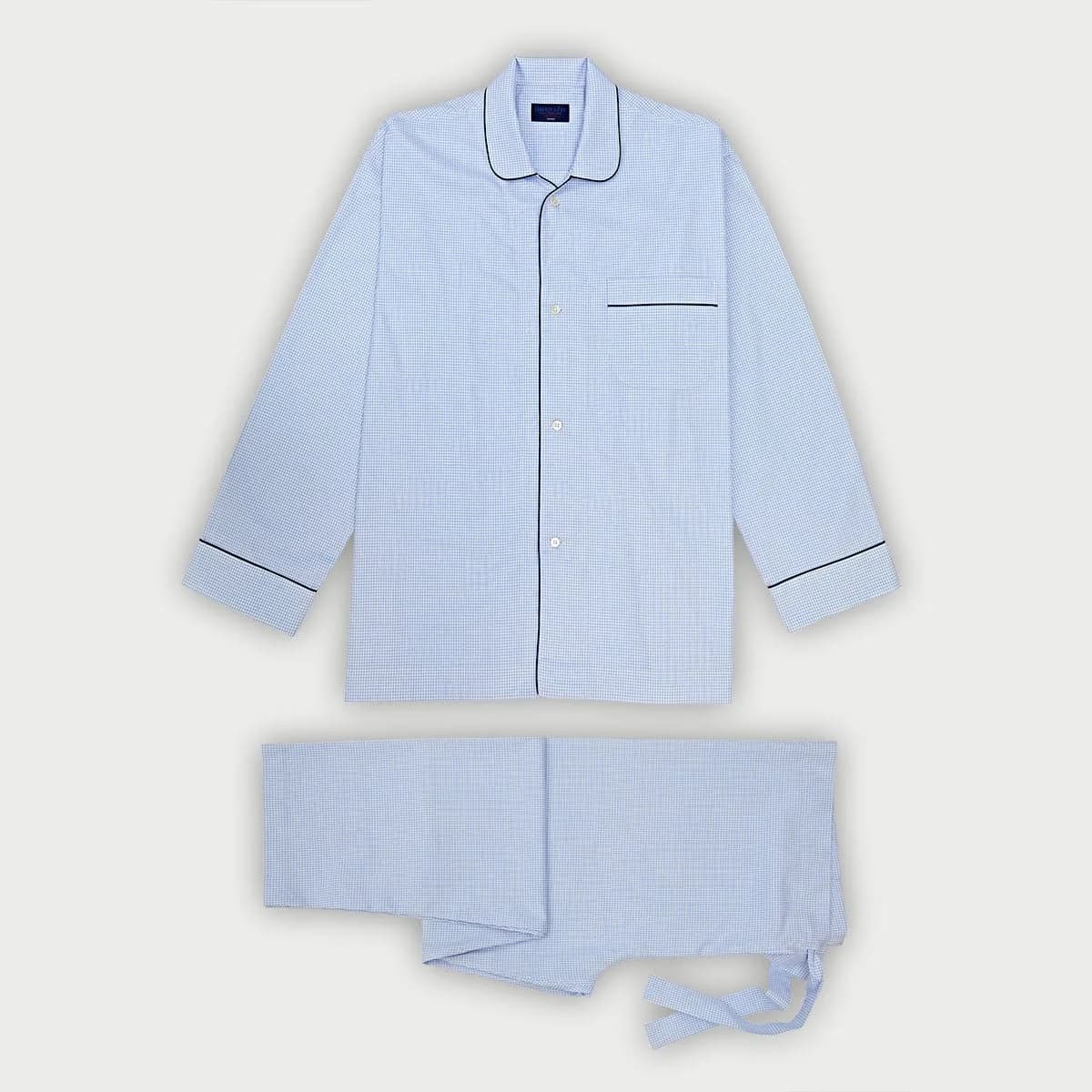 Light Blue Grid Check Cotton Pyjamas with Navy Piping
