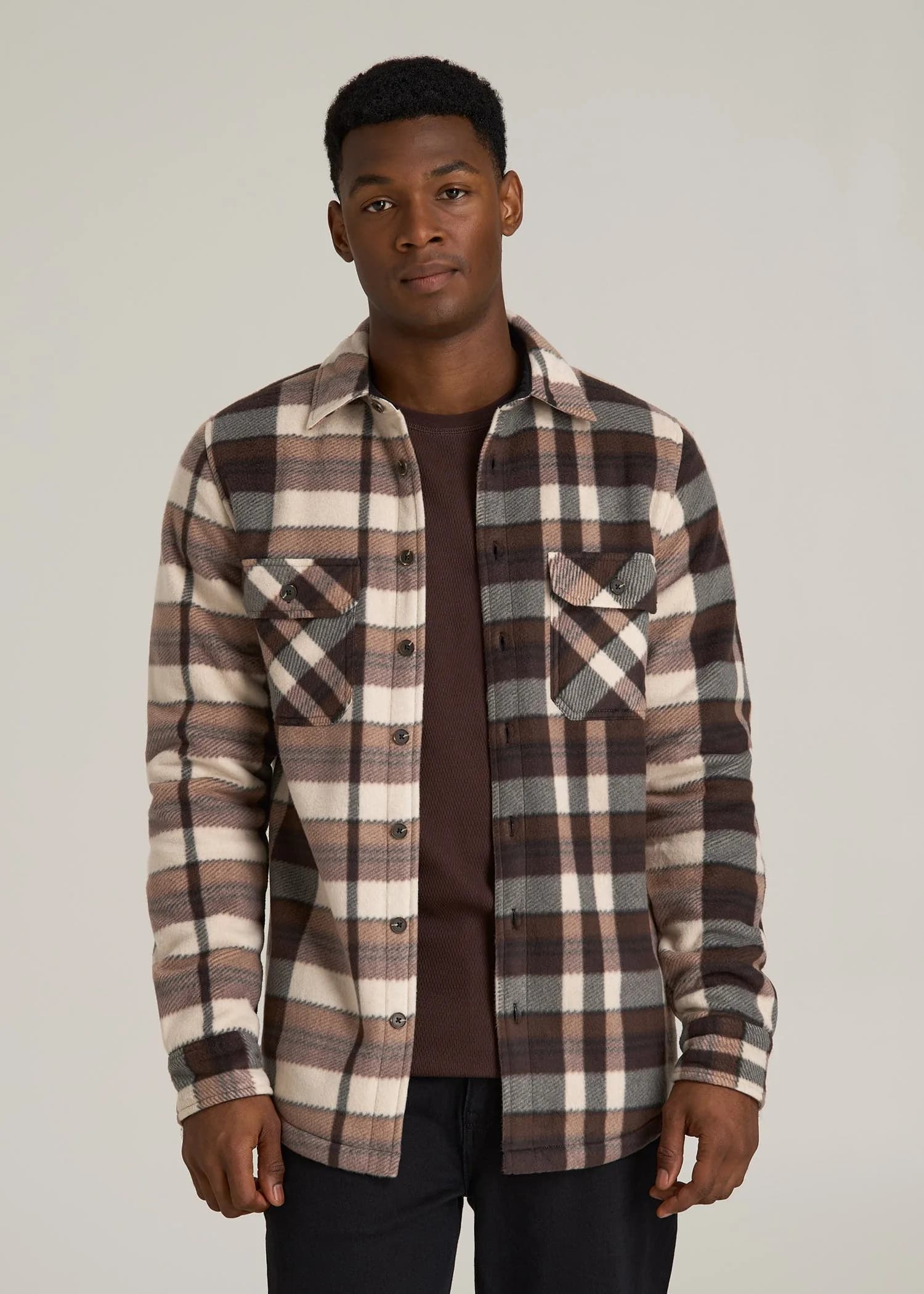 Sherpa-Lined Fleece Overshirt for Tall Men in Beige Tartan