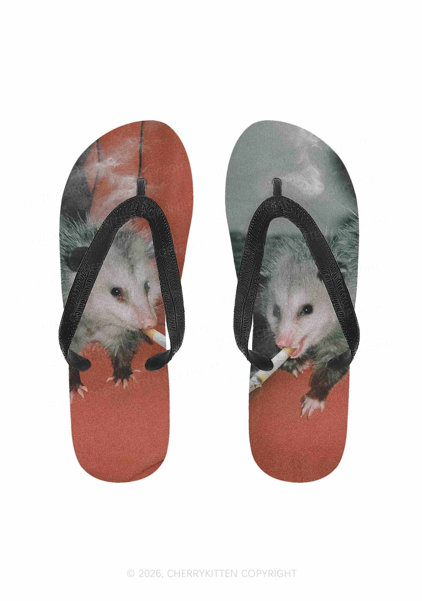 Smoking Badass Possum Y2K Print Flip Flops