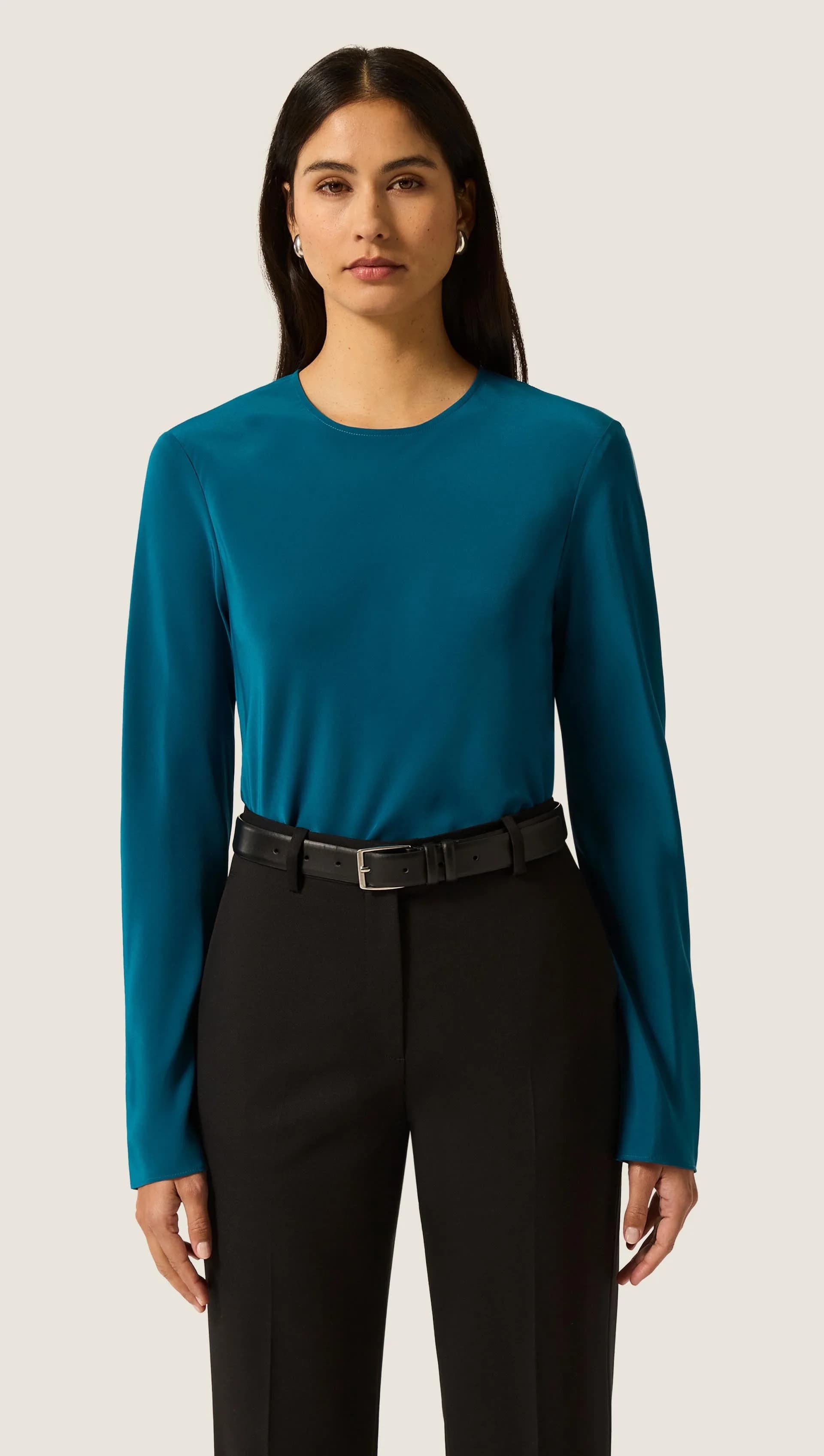 Longsleeve Bias Top in Matte-side Silk Charmeuse | Ocean