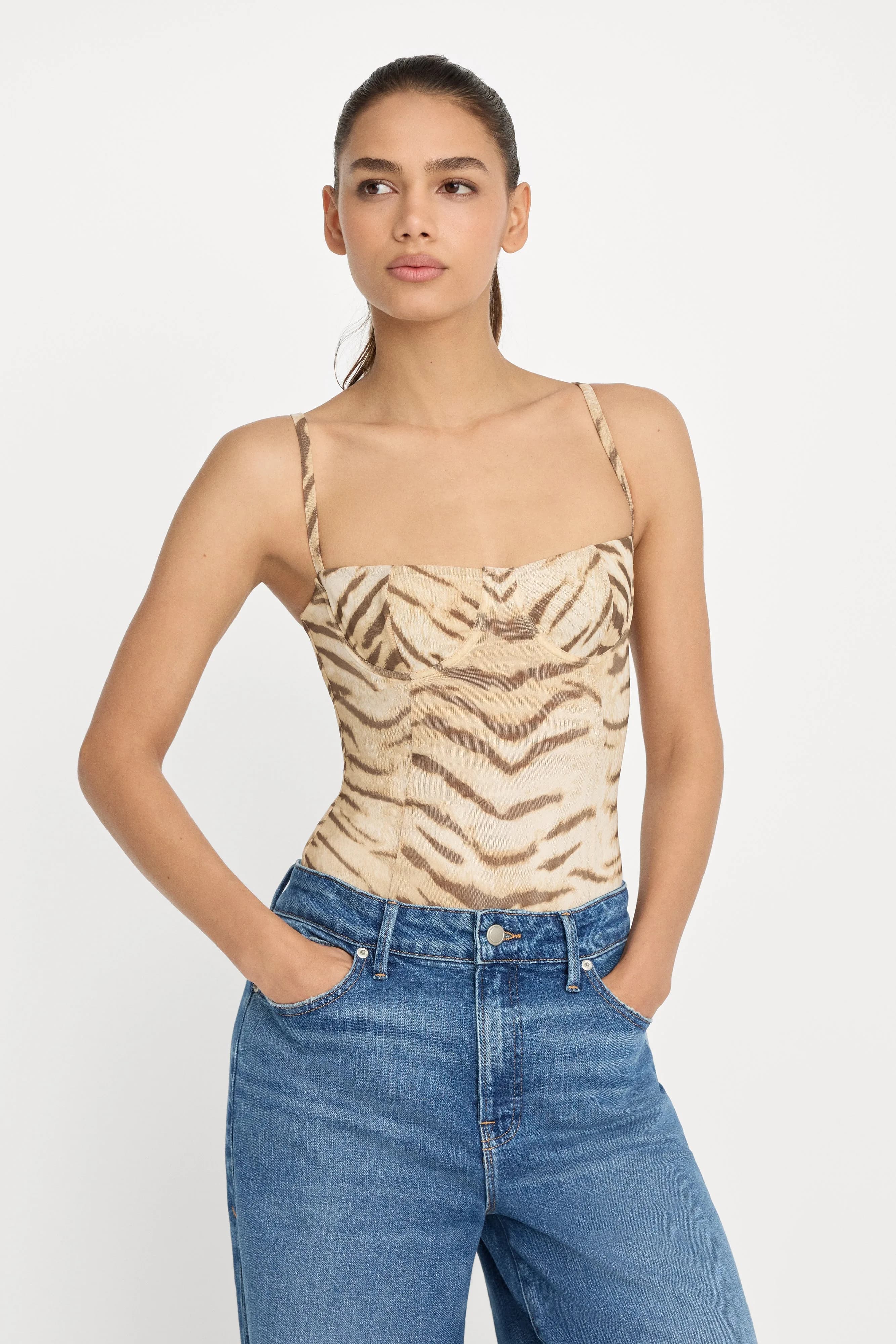 Mesh Bustier Bodysuit | Brown Tiger