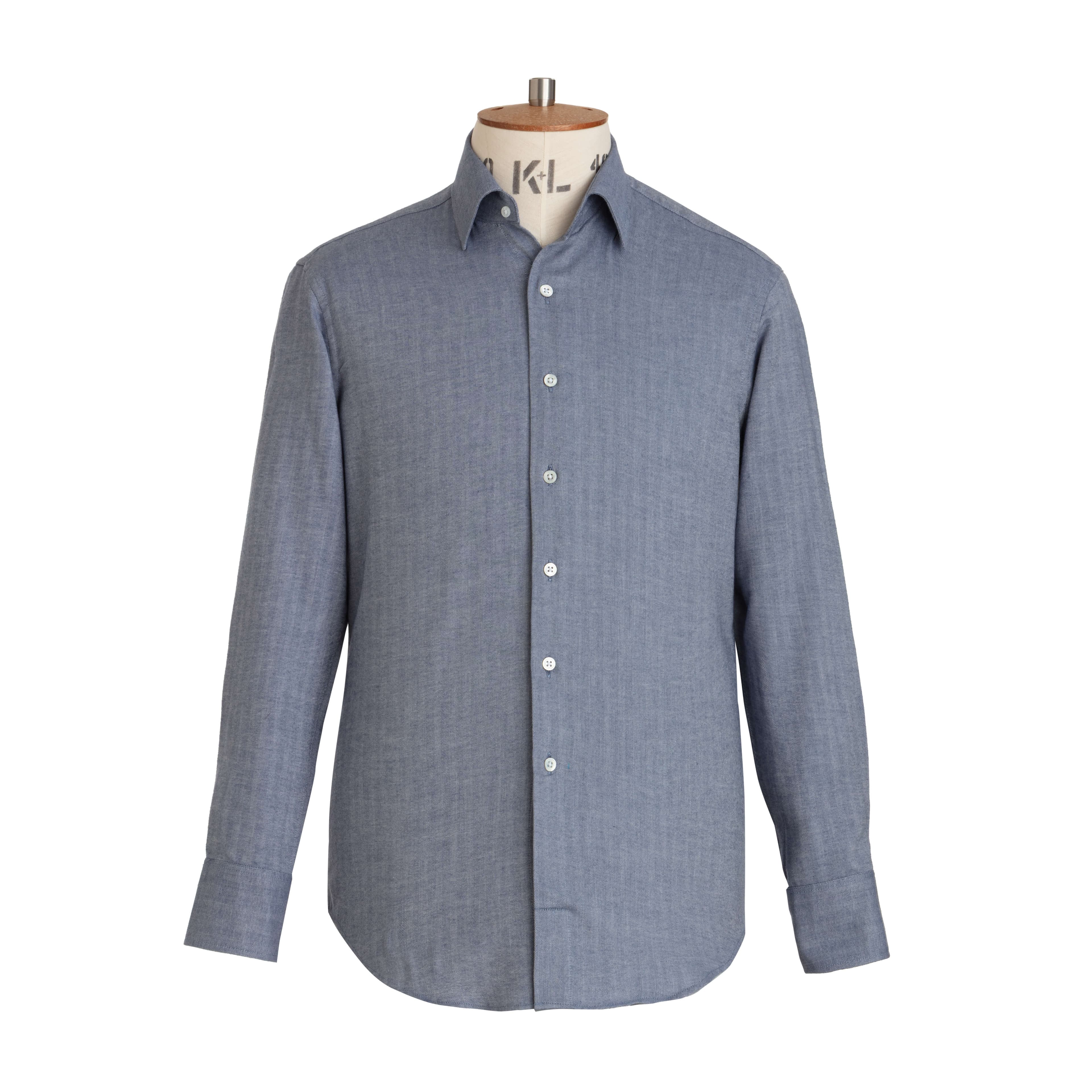 Blue Herringbone Wool Cotton Blend Shirt
