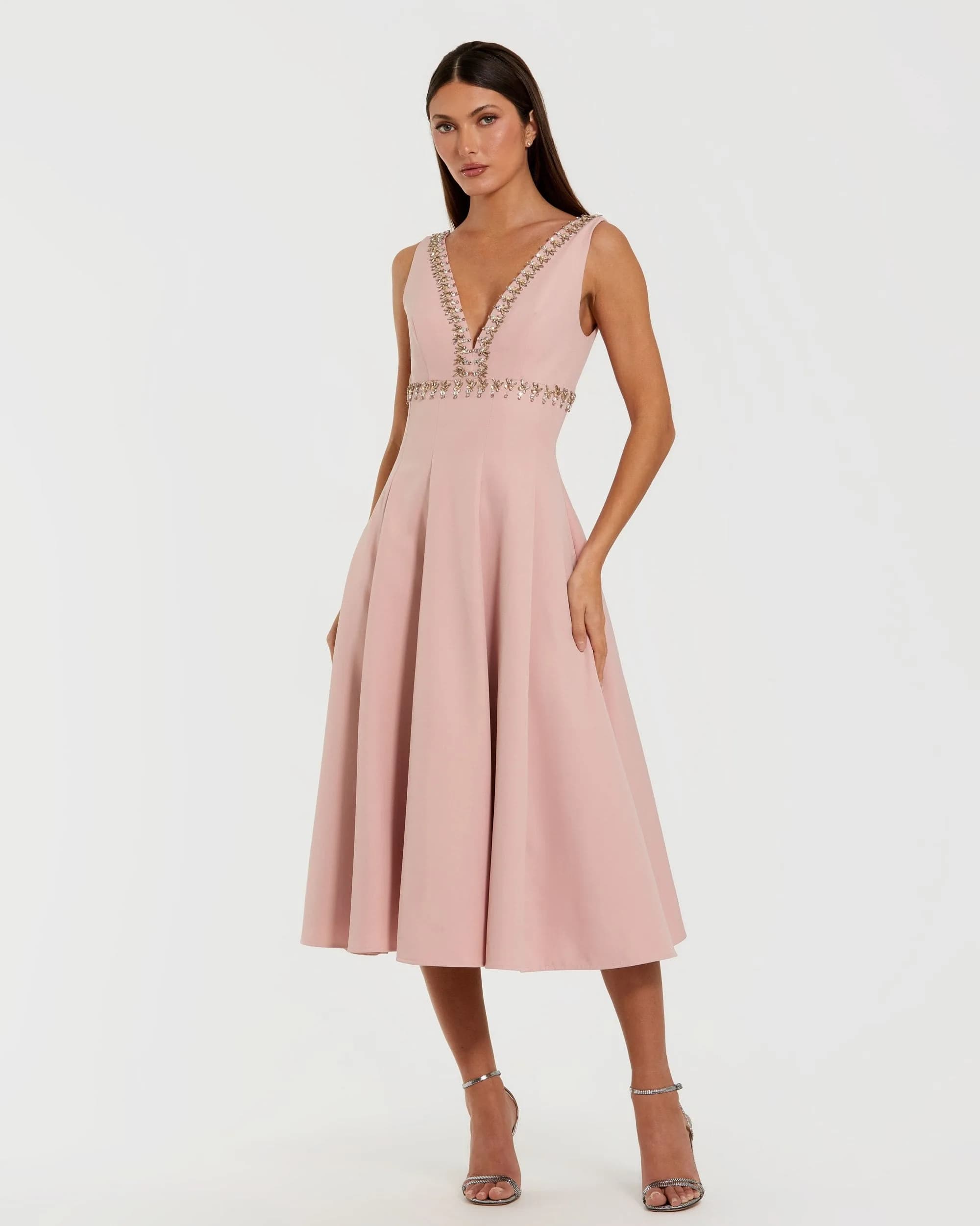 Pink Rhinestone Embellished Crepe A Line Midi Dress