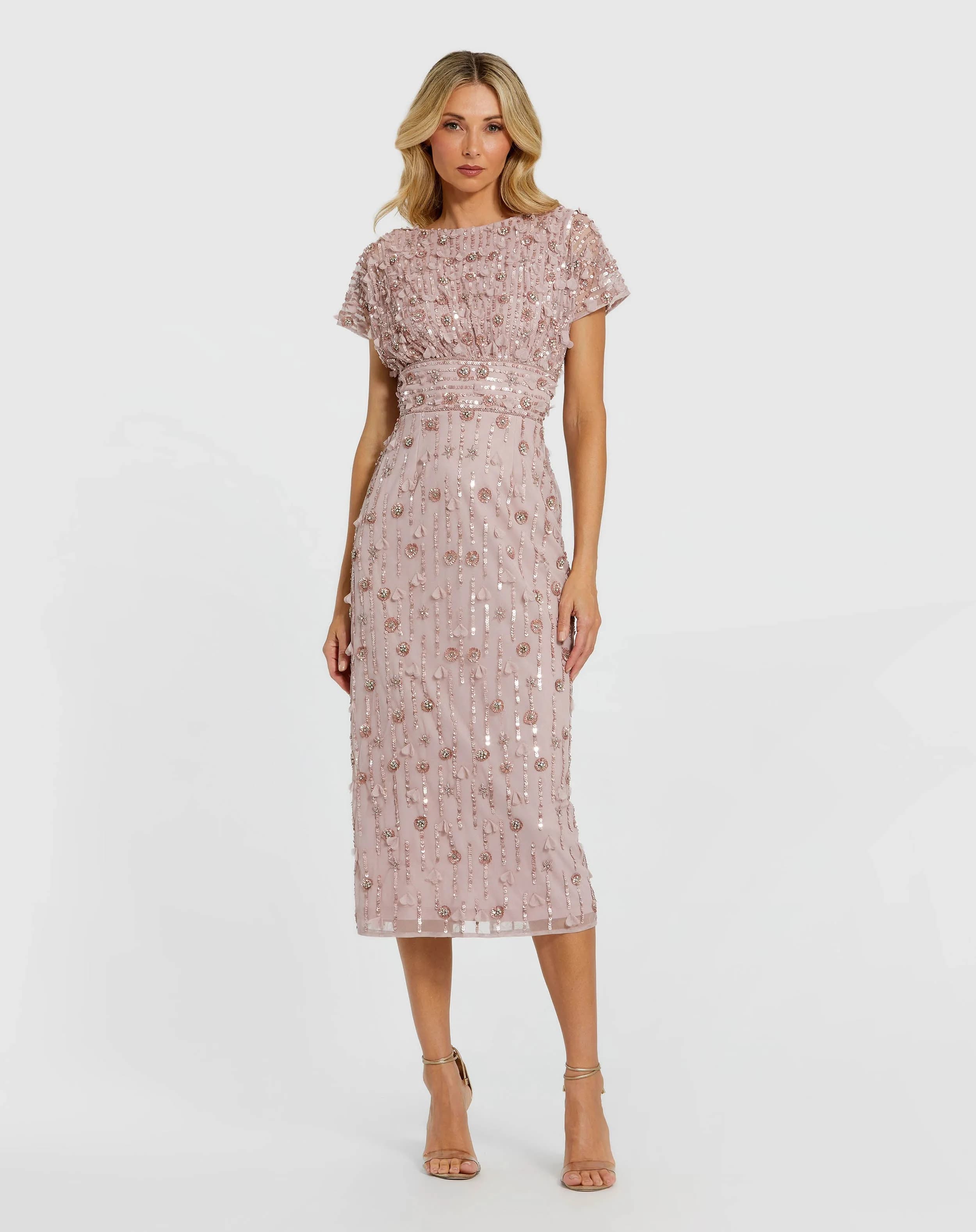 Petite Pink Cap Sleeve Sheath Midi Dress With Floral Beading
