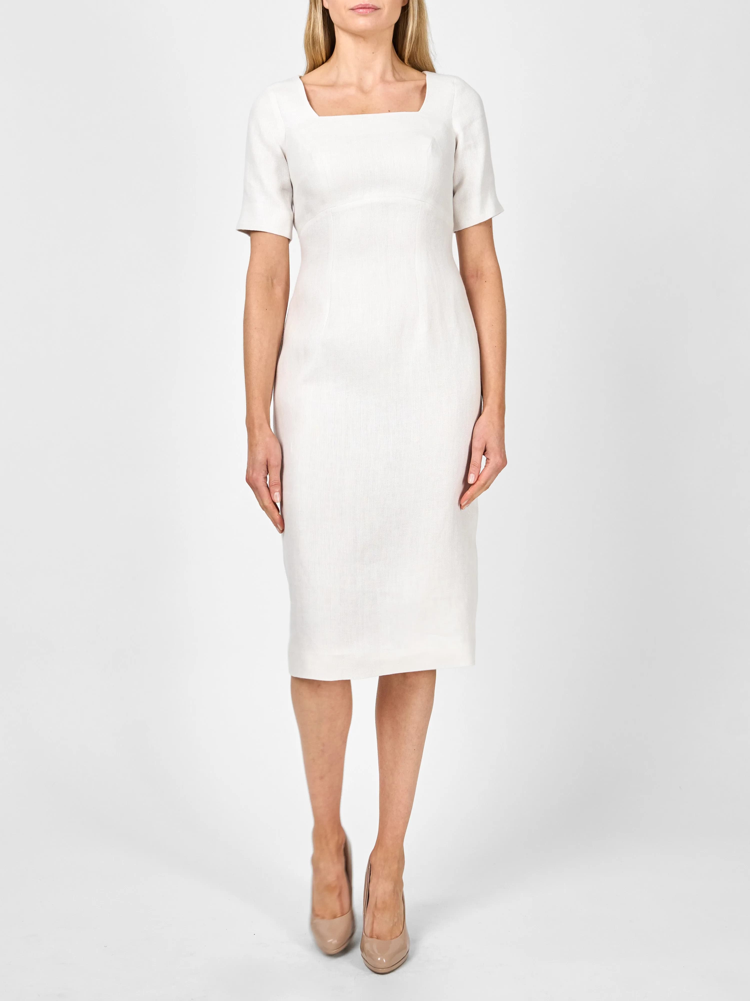 Araminta Short Sleeve Dress Ivory Herringbone Crease Resist Linen