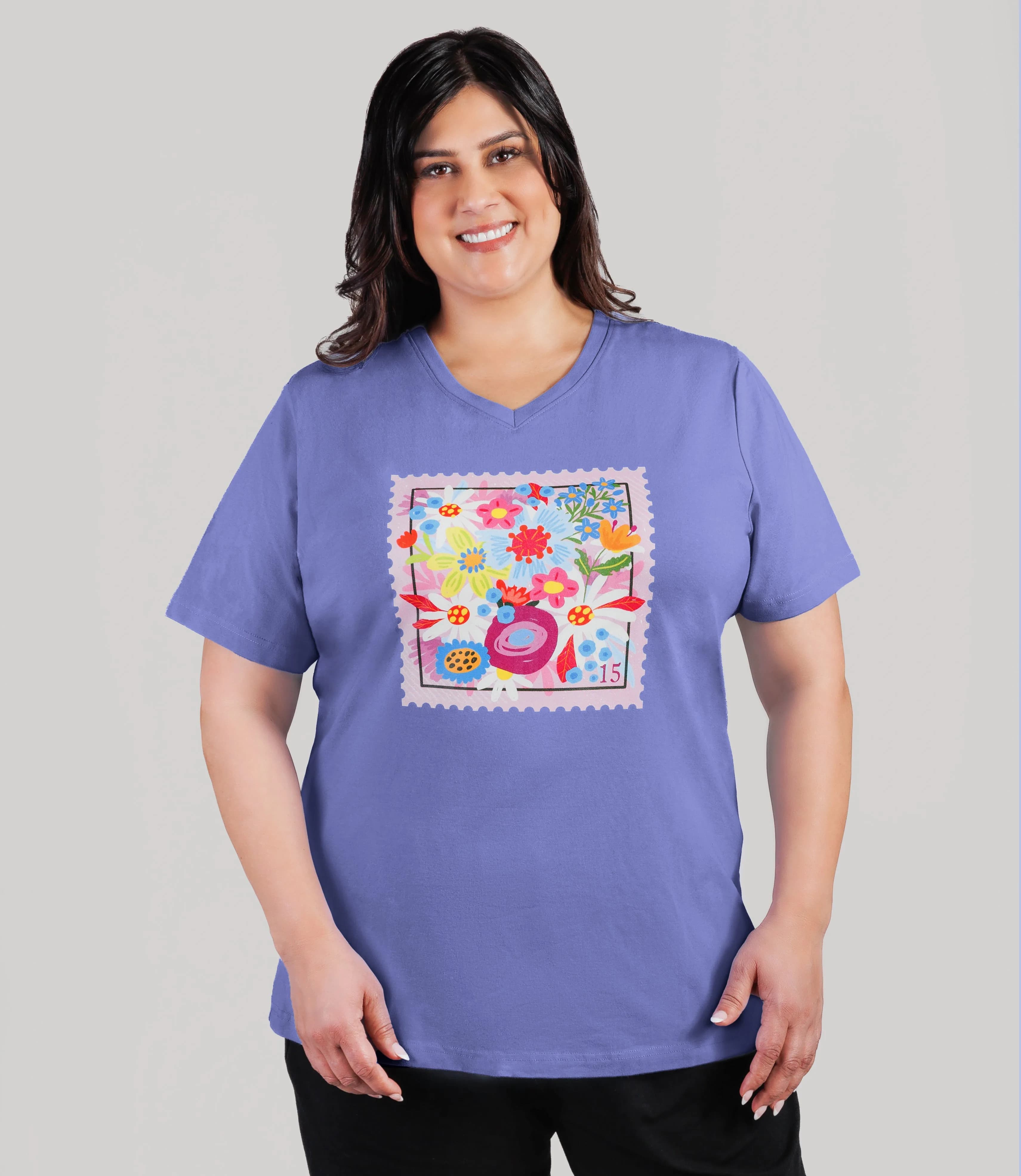 Designer Graphic V-Neck Top Pink Petals