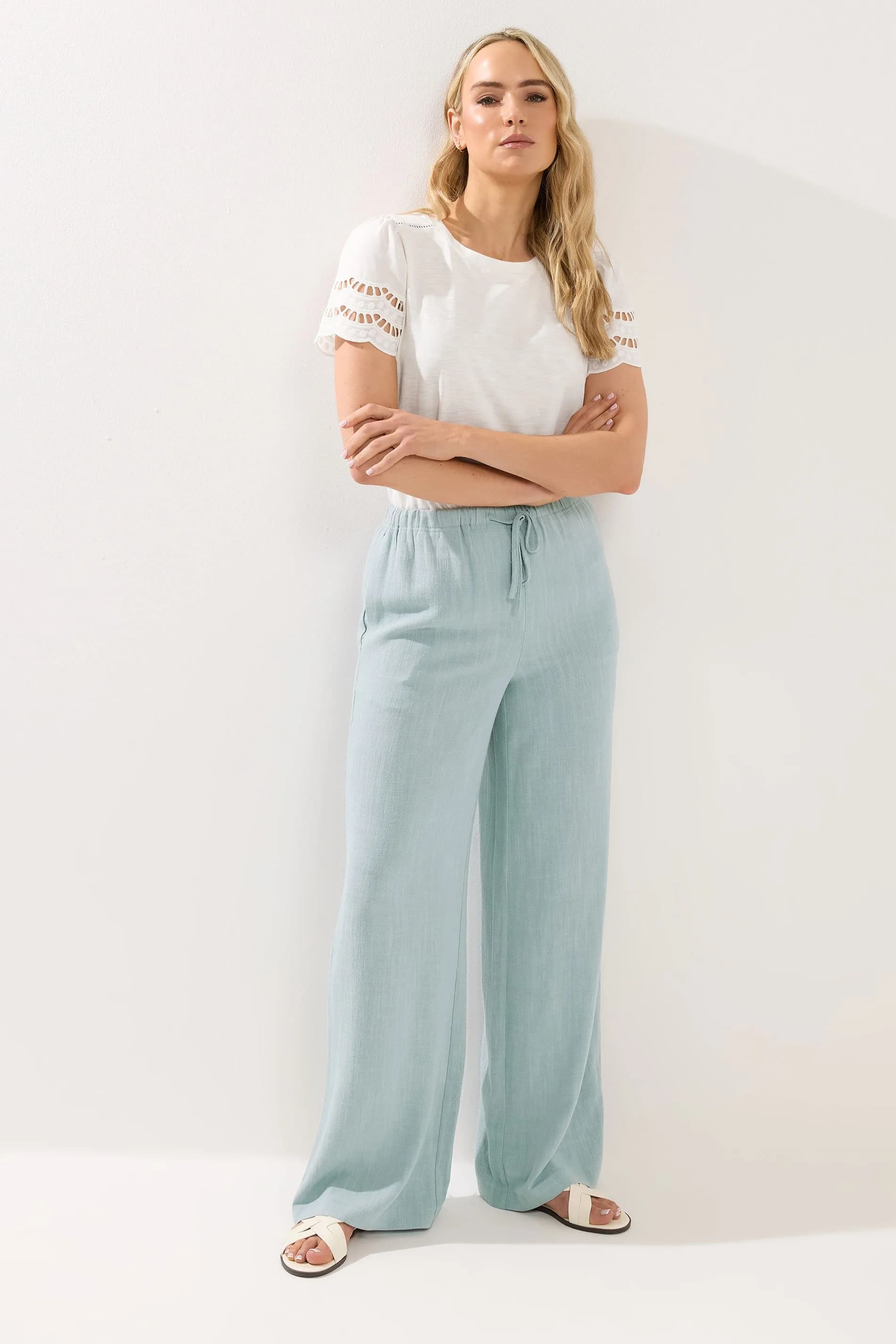 Tall Light Blue Wide Leg Linen Trousers