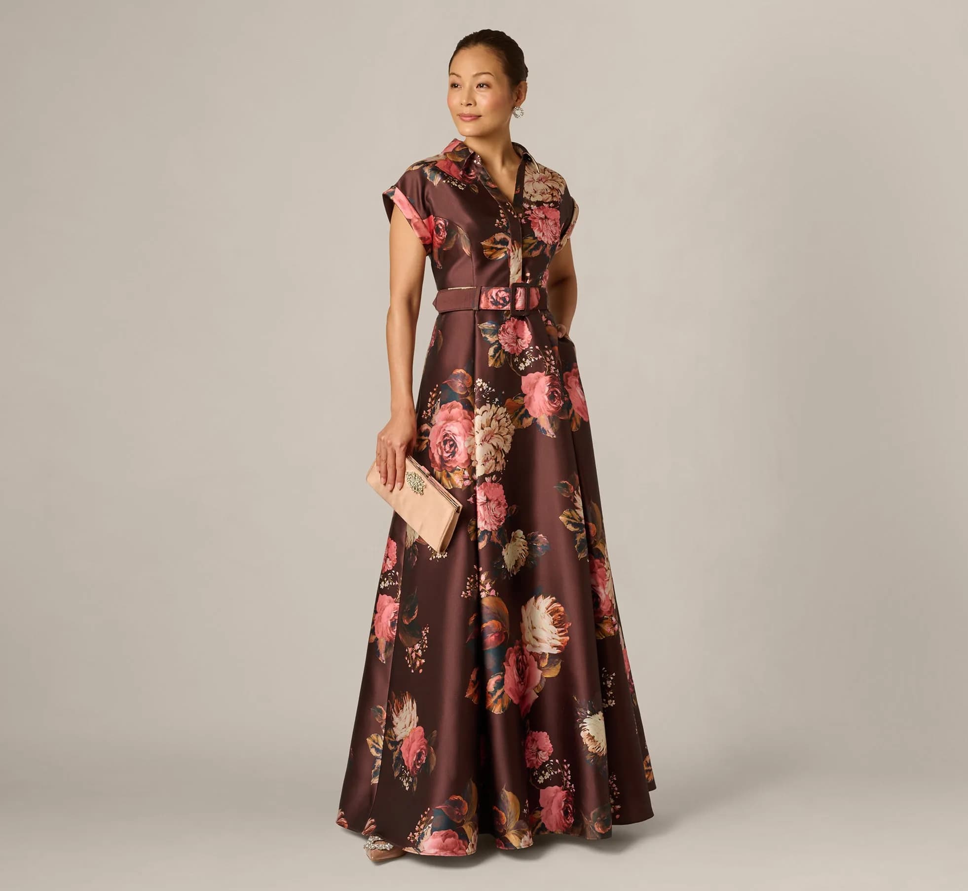 Short Sleeve Rose Floral Ballgown In Brown Multi