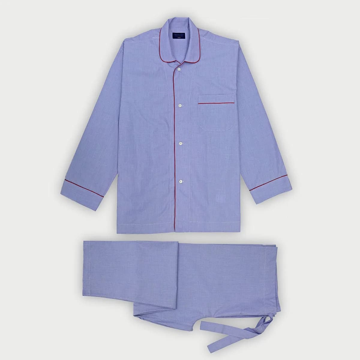 Blue End-on-End Cotton Pyjamas with Red Piping
