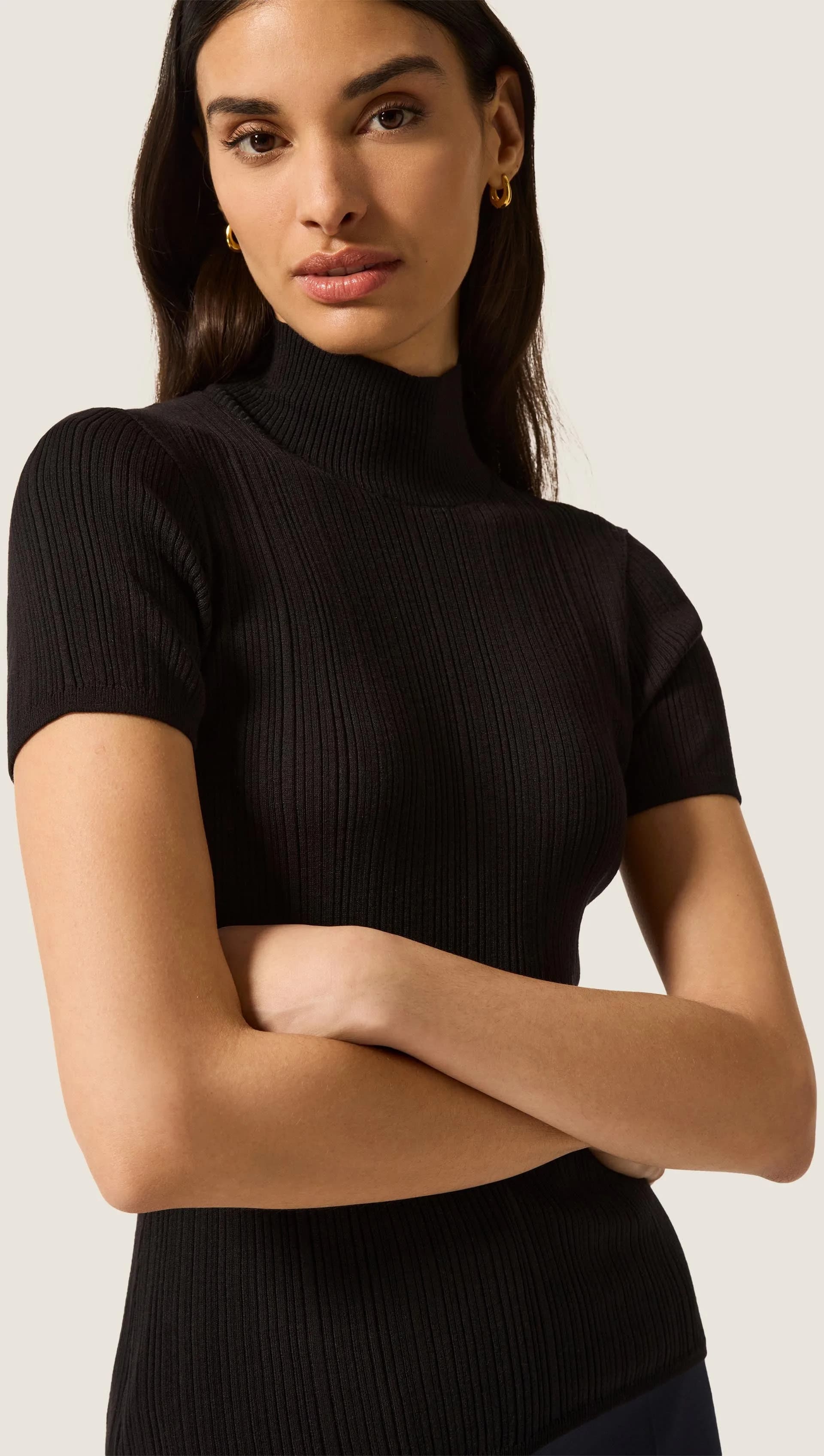 Ribbed Shortsleeve Turtleneck in Silk Cotton | Black