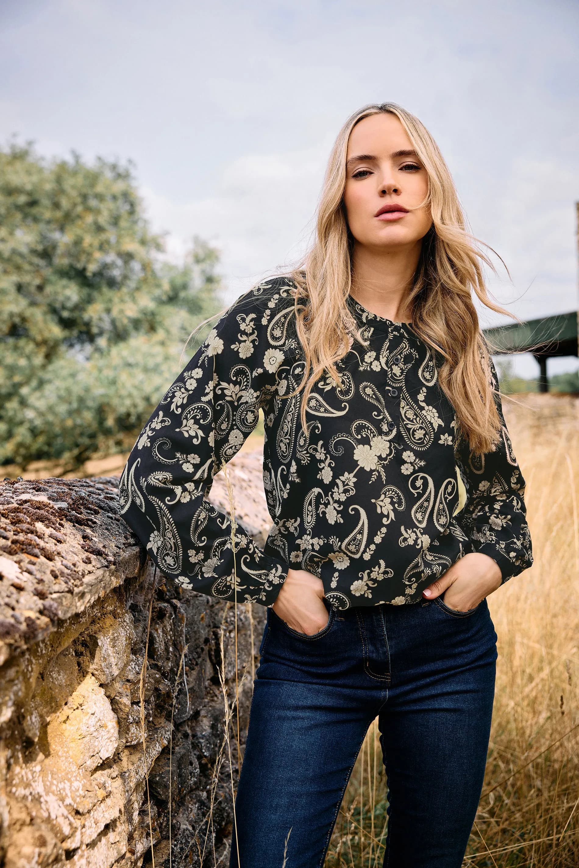 Tall Black Paisley Placket Blouse