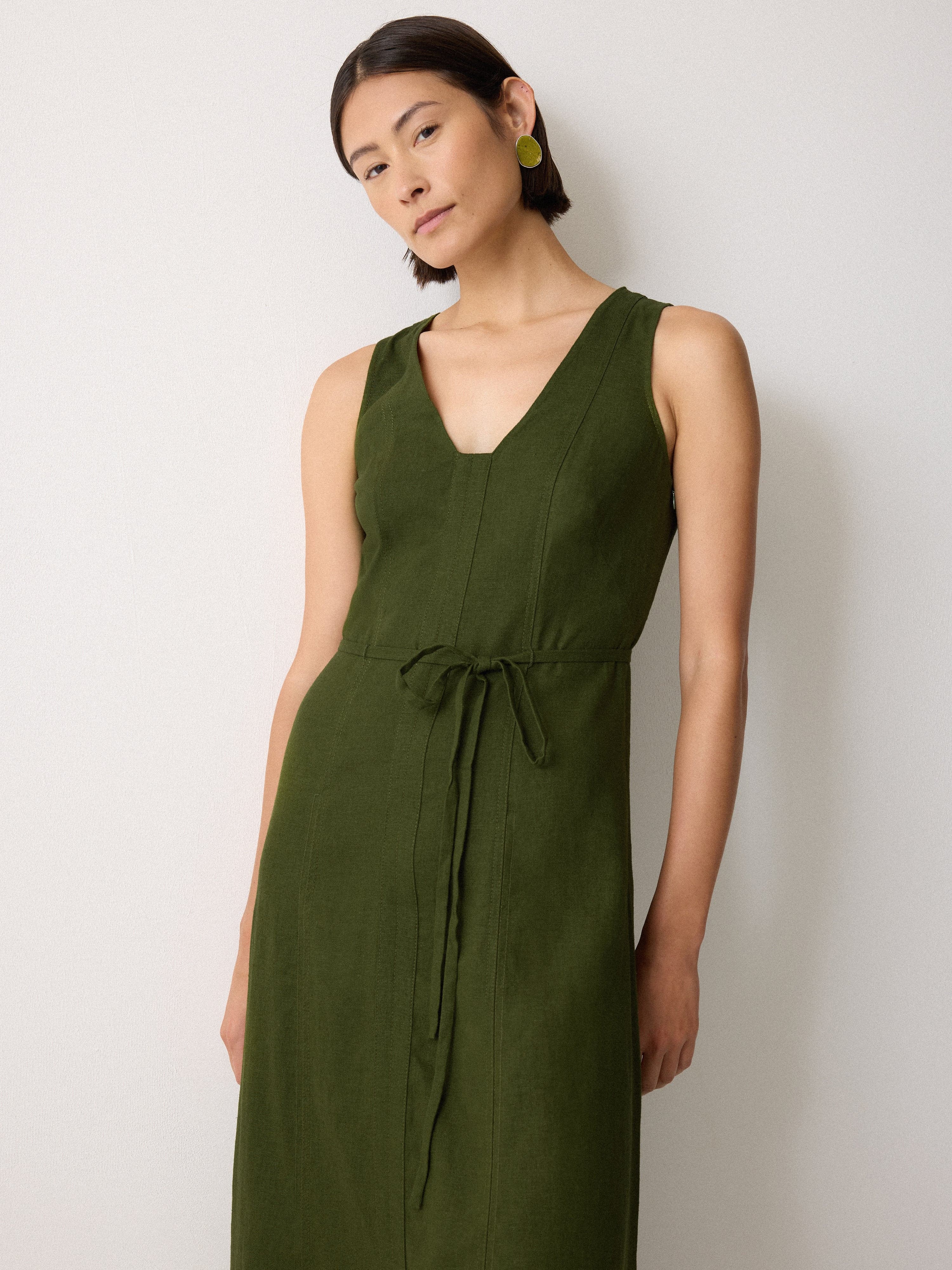 Linen Viscose Stitch Dress | Green