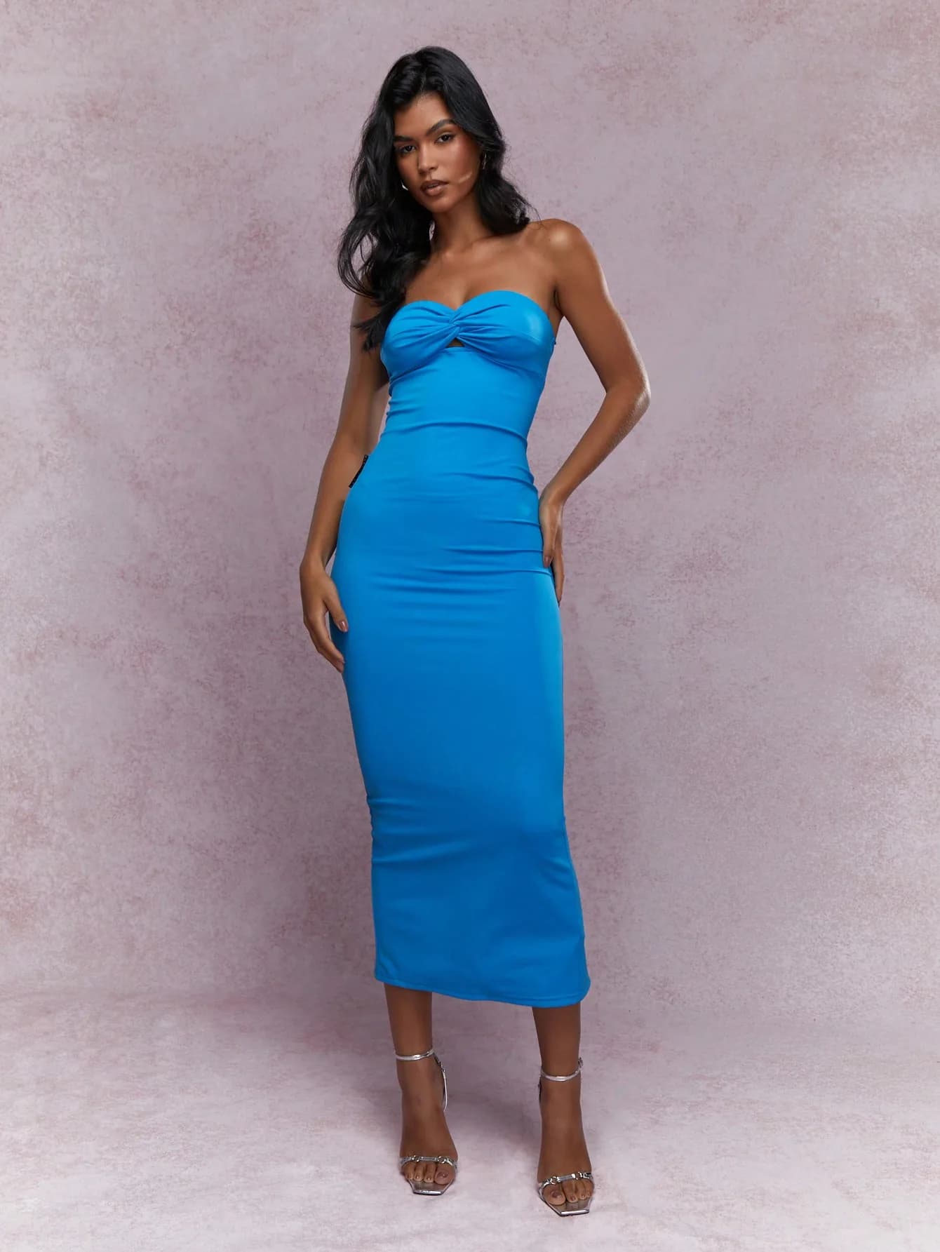 Jersey Twist Knot Bust Back Slit Hem Strapless Bandeau Dress