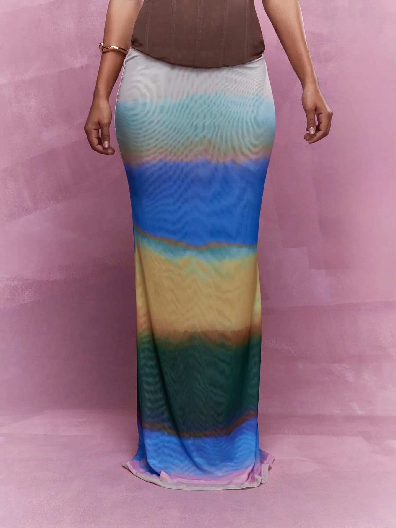 Sheer Mesh Tie Dye Flared Maxi Skirt