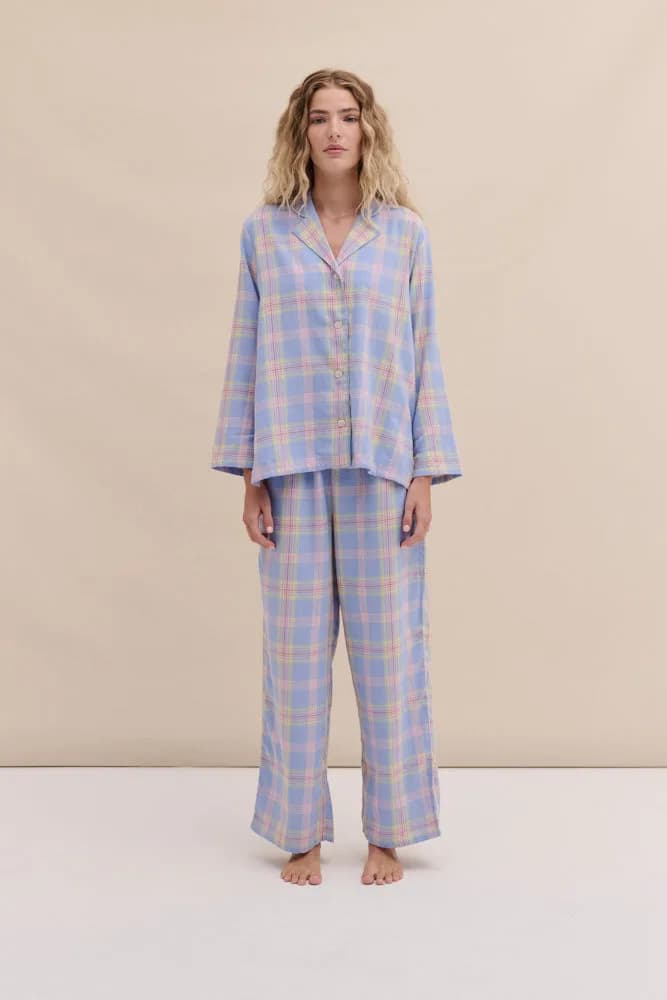 Long Pyjama Set Lightweight Flannel Blue/Pink