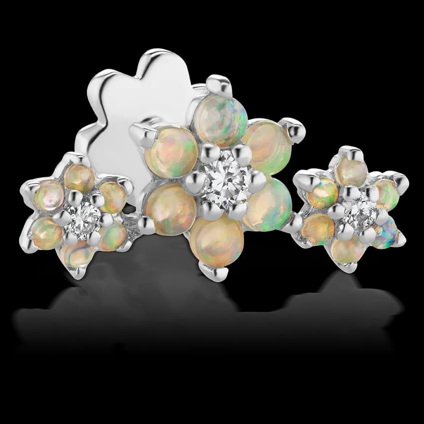 Opal and Diamond Three Flower Garland Threaded Stud Earring With Titanium Backing