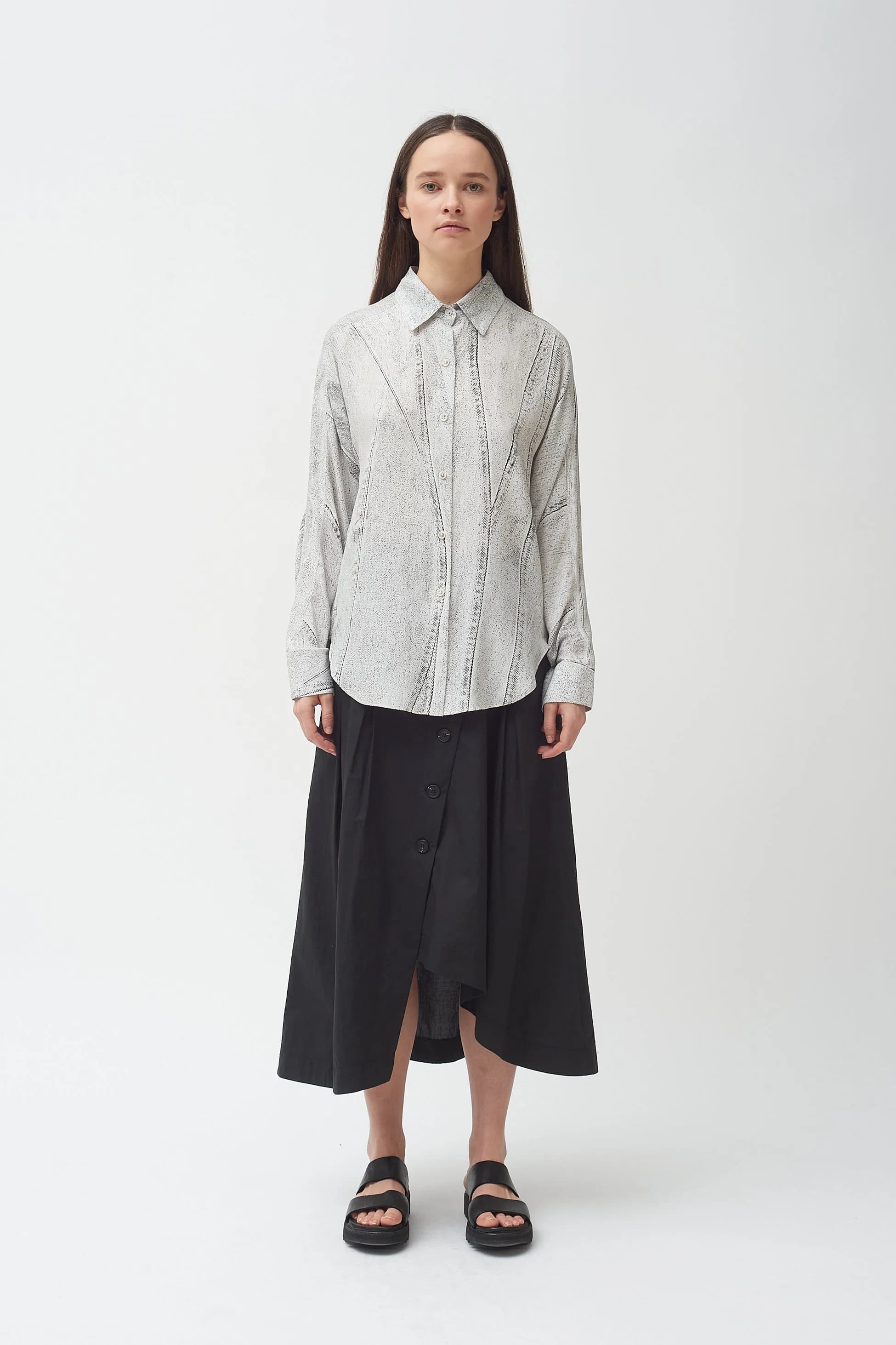 Seamed Denim Print Silk Shirt