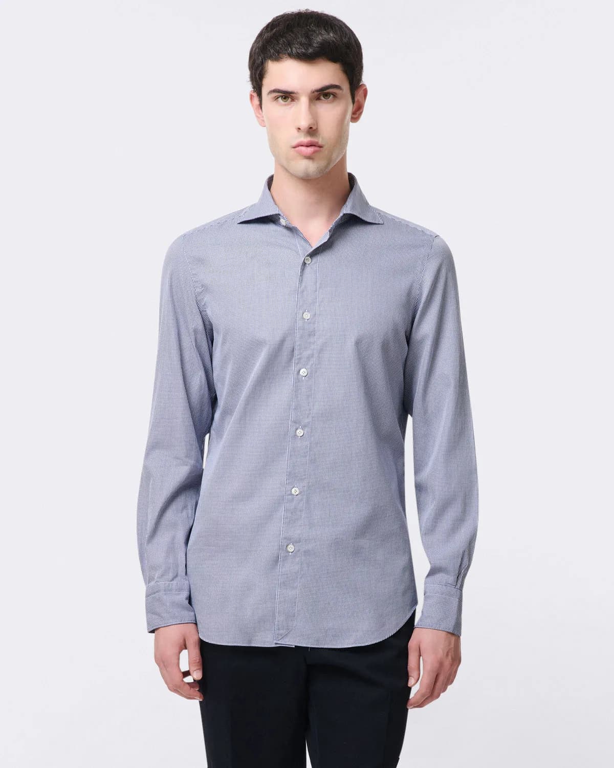 Tokyo Slim Fit Sports Shirt in Checked Blue Cotton Twill