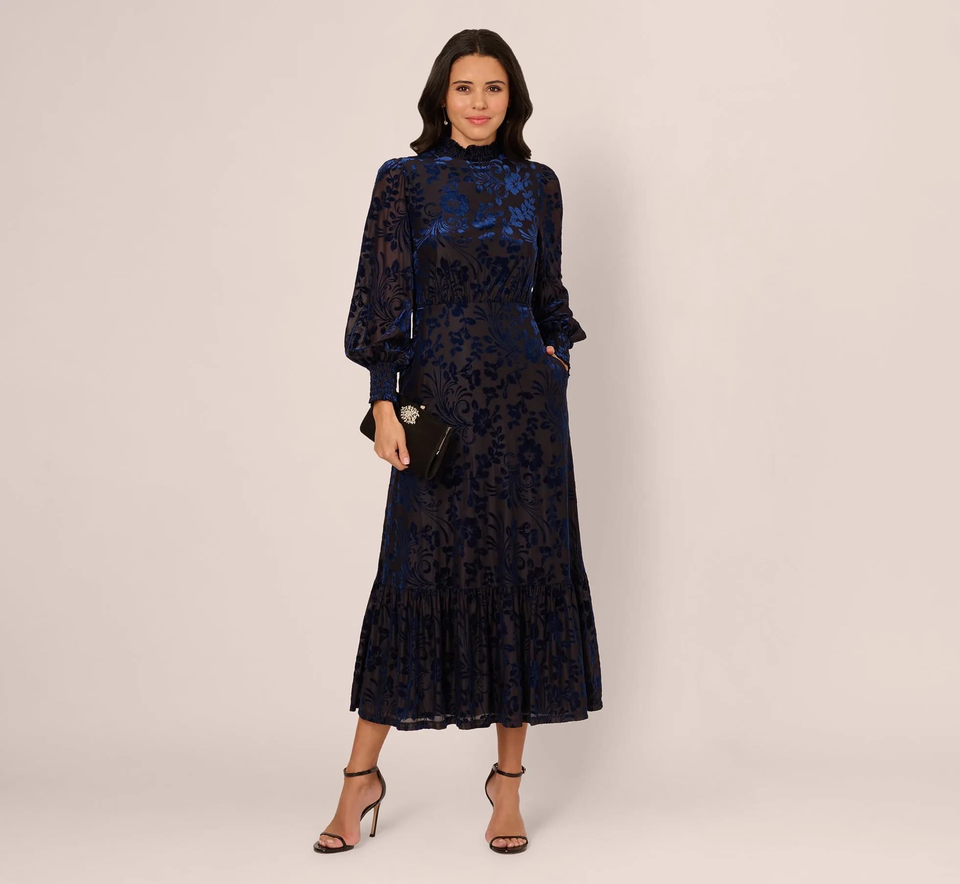 Long Sleeve Floral Velvet Burnout Midi Dress