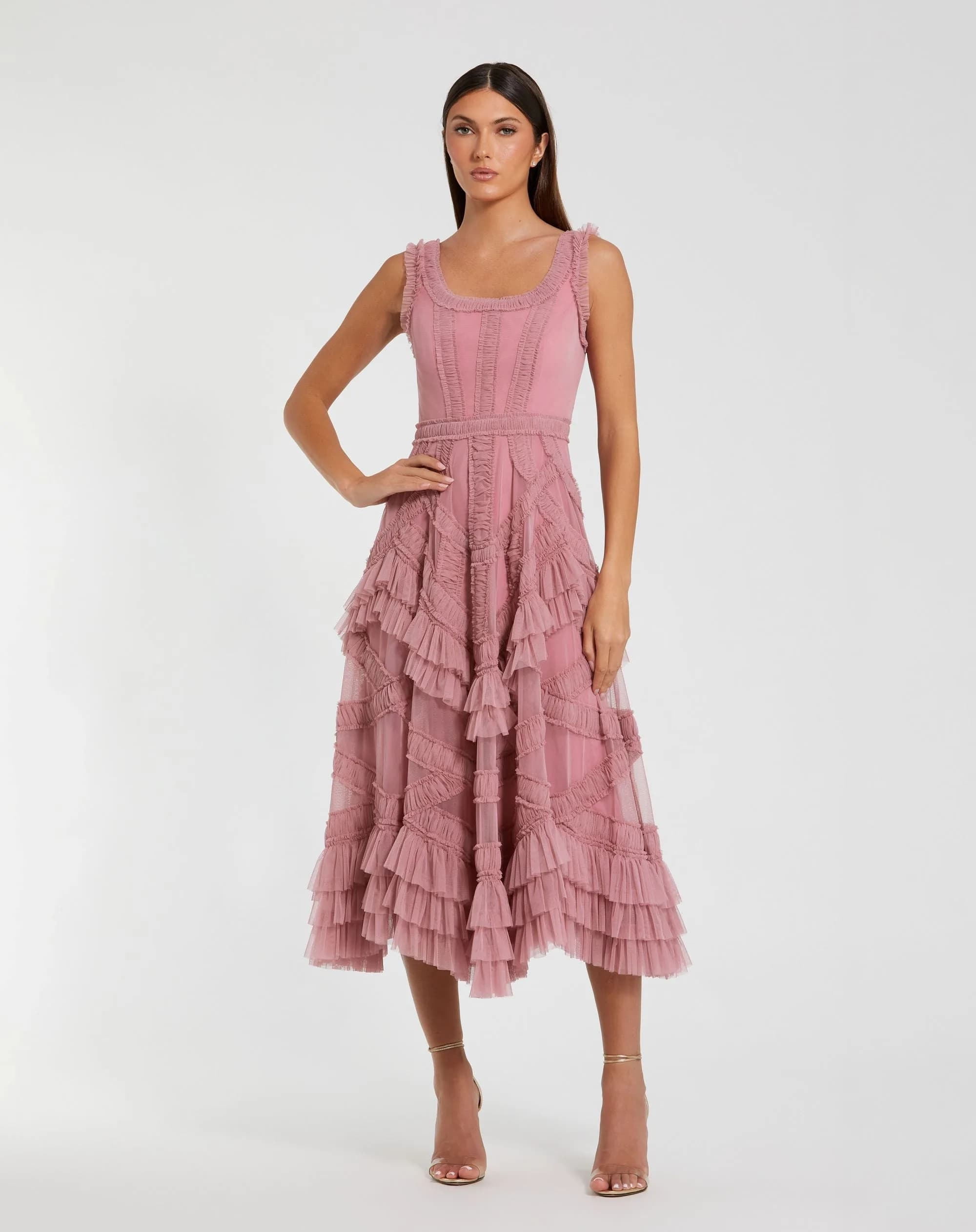 Pink Scoop Neck Sleeveless Micro Ruffle Midi Dress