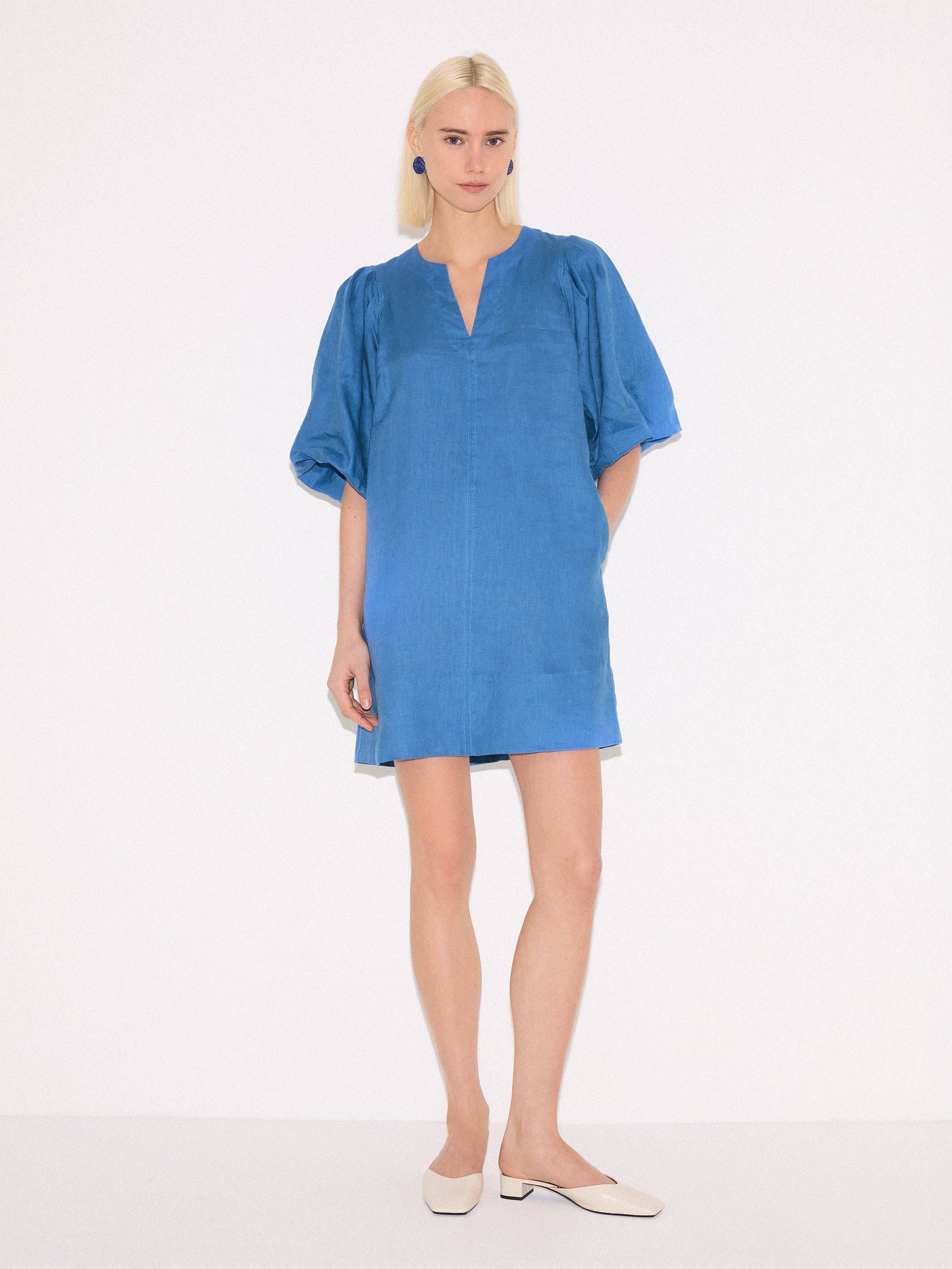 Linen Puff Sleeve Mini Dress